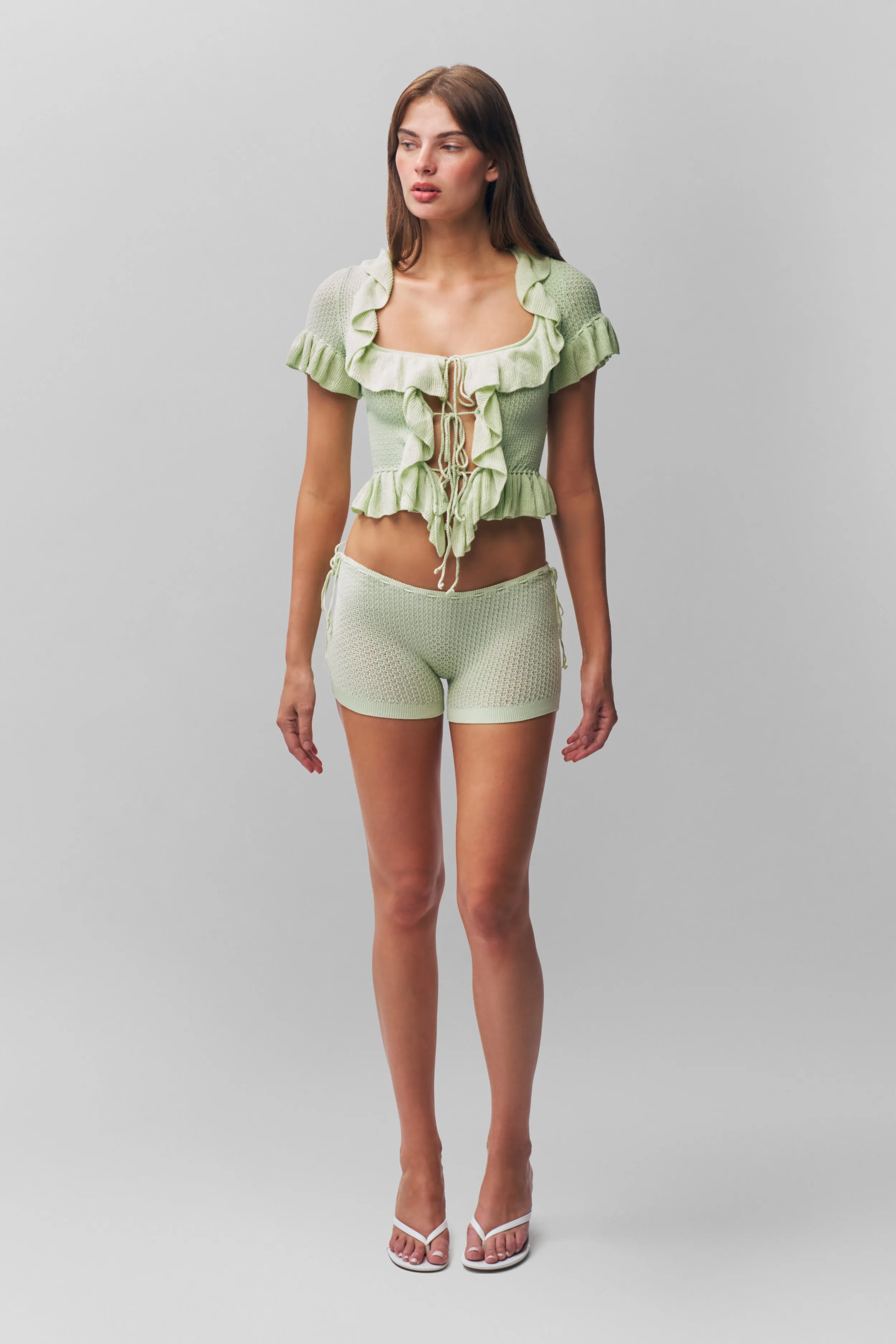 Ruffle Knit Tie Top Four Way Stretch Fabric Non Constricting Waistband