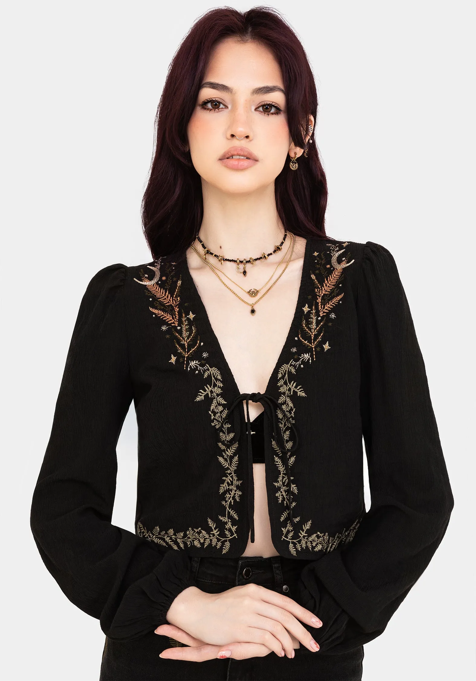 Abellona Embroidered Tie Front Blouse ReflectiveDetails BondedEdges