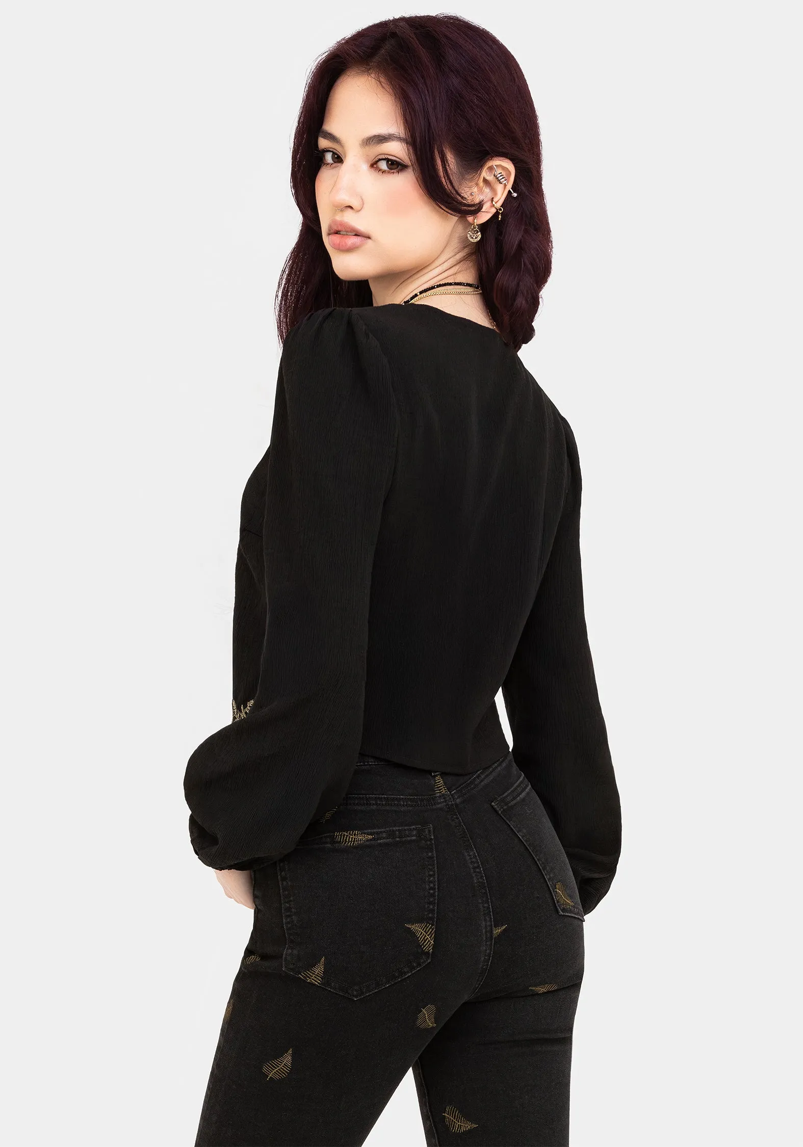 Abellona Embroidered Tie Front Blouse Elasticated Hem