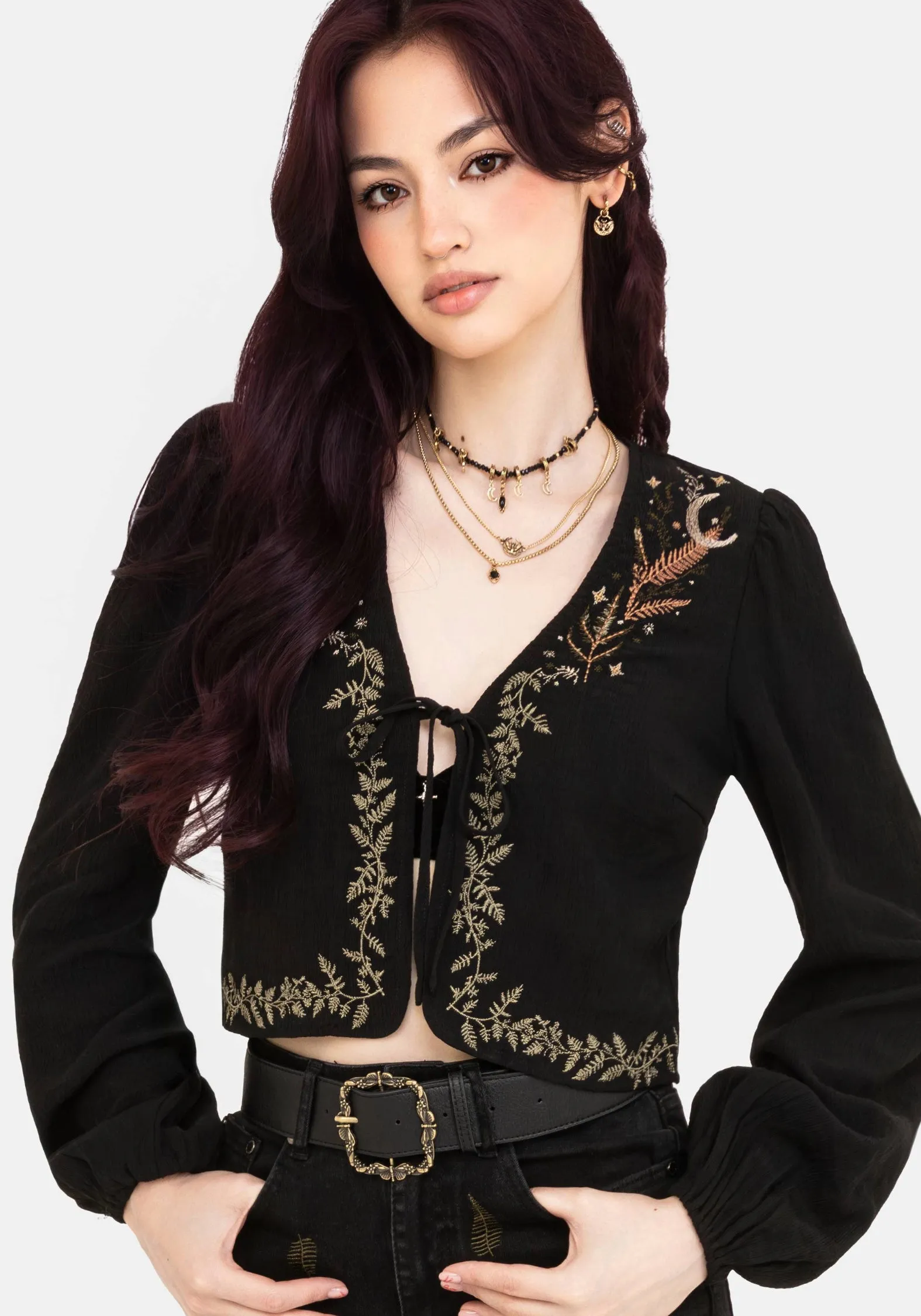 Abellona Embroidered Tie Front Blouse Layered Shoulder