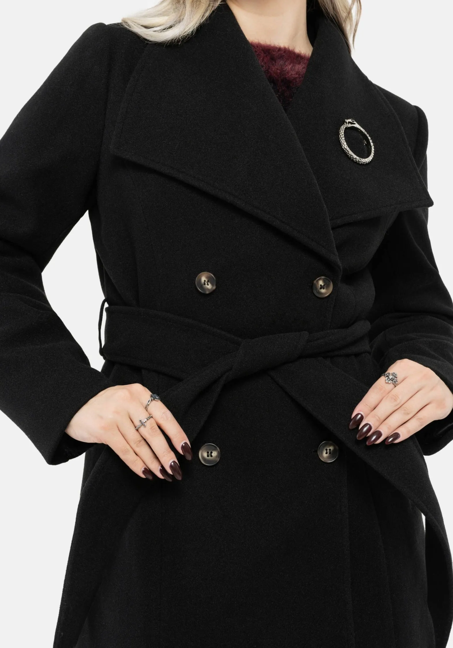 Basic Fit Abyss Tie Waist Double Breasted Coat With Snake Brooch - Black