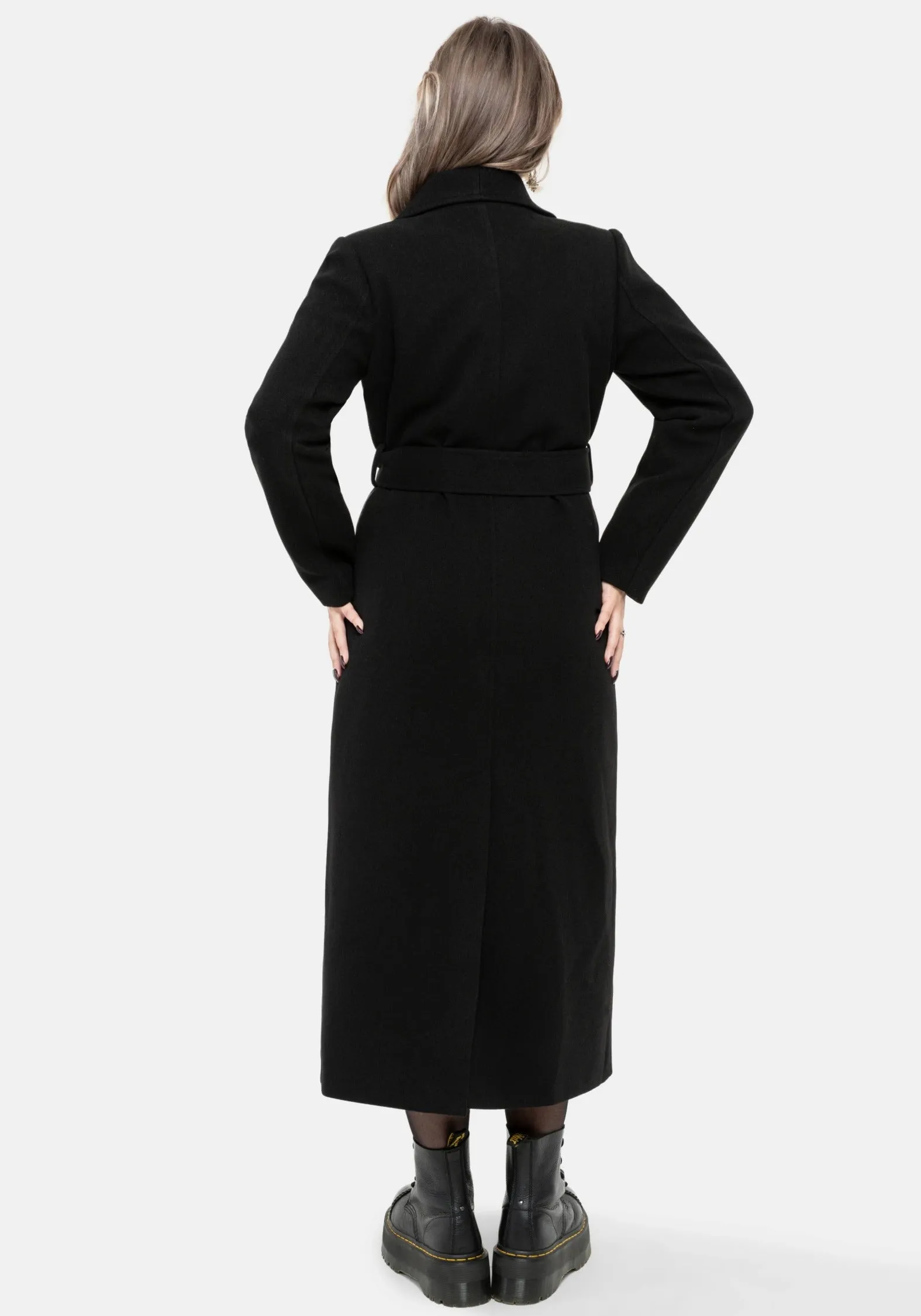 Noise Free Material Abyss Tie Waist Double Breasted Coat With Snake Brooch - Black