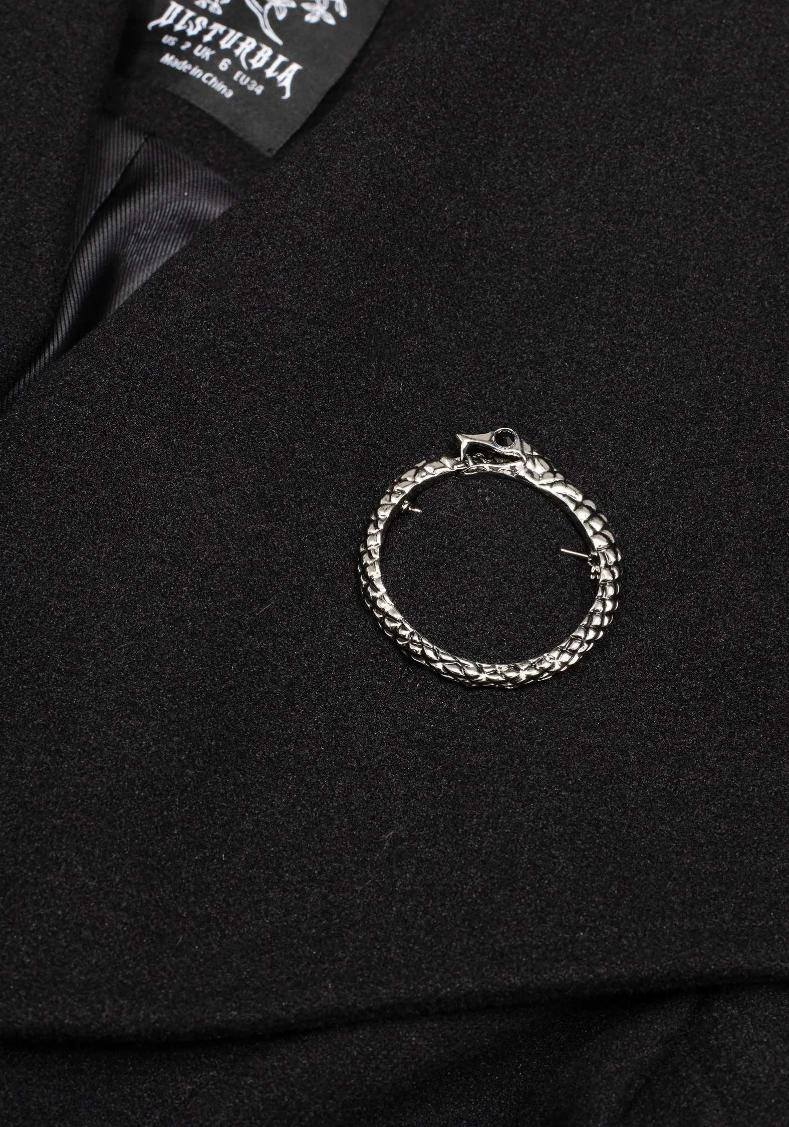 Abyss Tie Waist Double Breasted Coat With Snake Brooch - Black Ultra Soft Brushed Interior