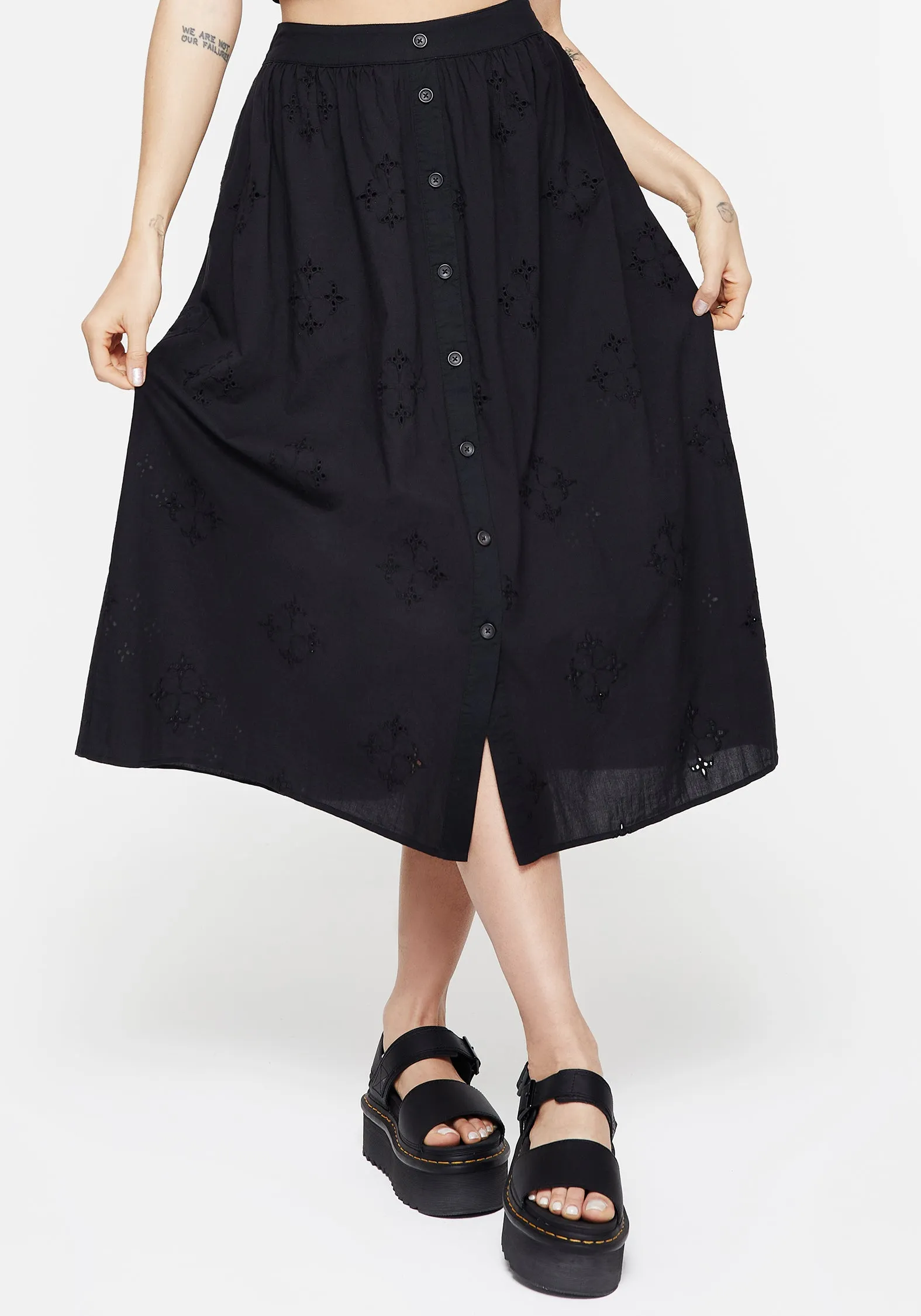 Transitional Wear Simple Fit Crux Broiderie Cotton Button Up Midi Skirt