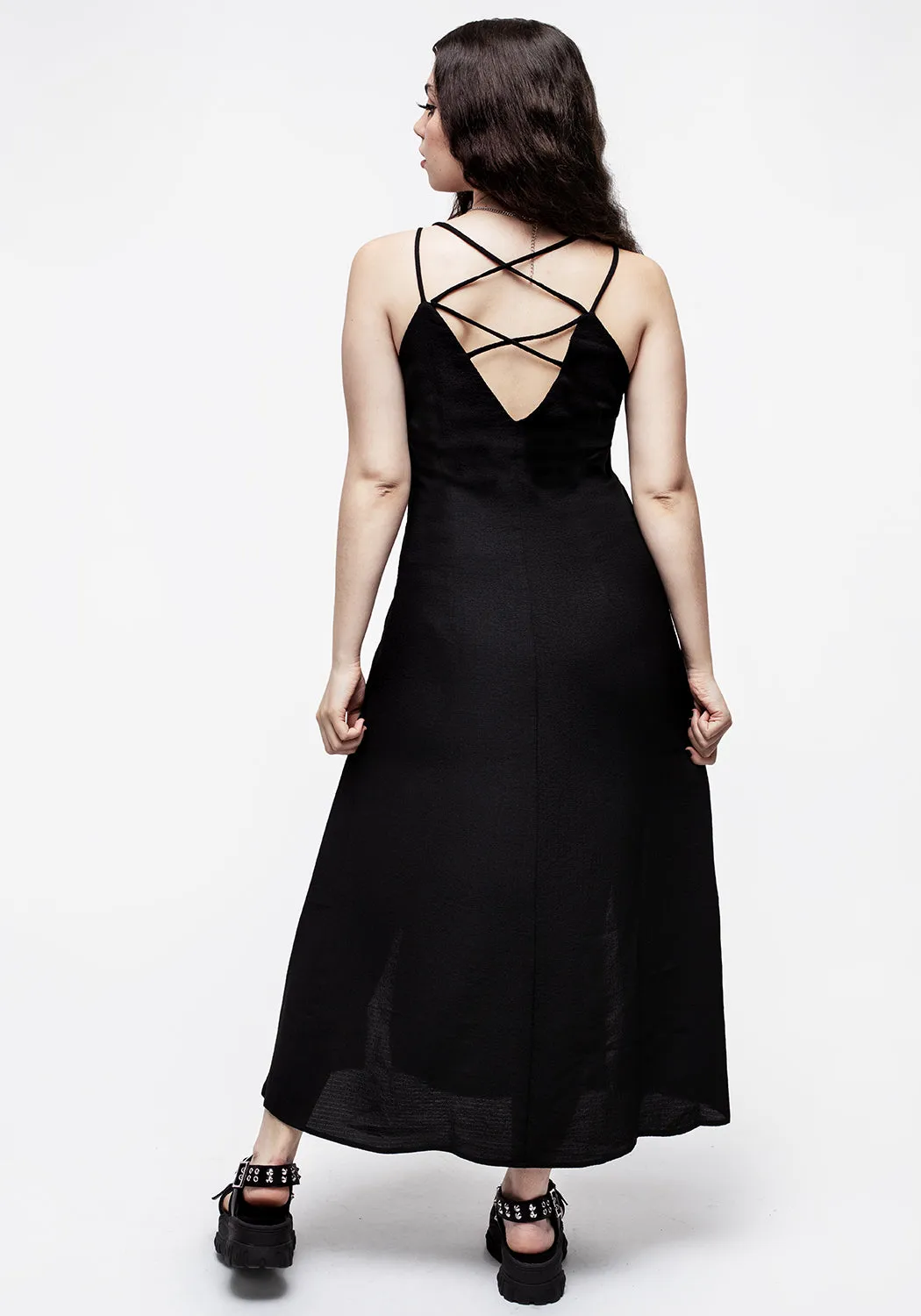 Tulle-Overlay Fall Mood Requiem Crinkle Cami Double Split Midaxi Dress