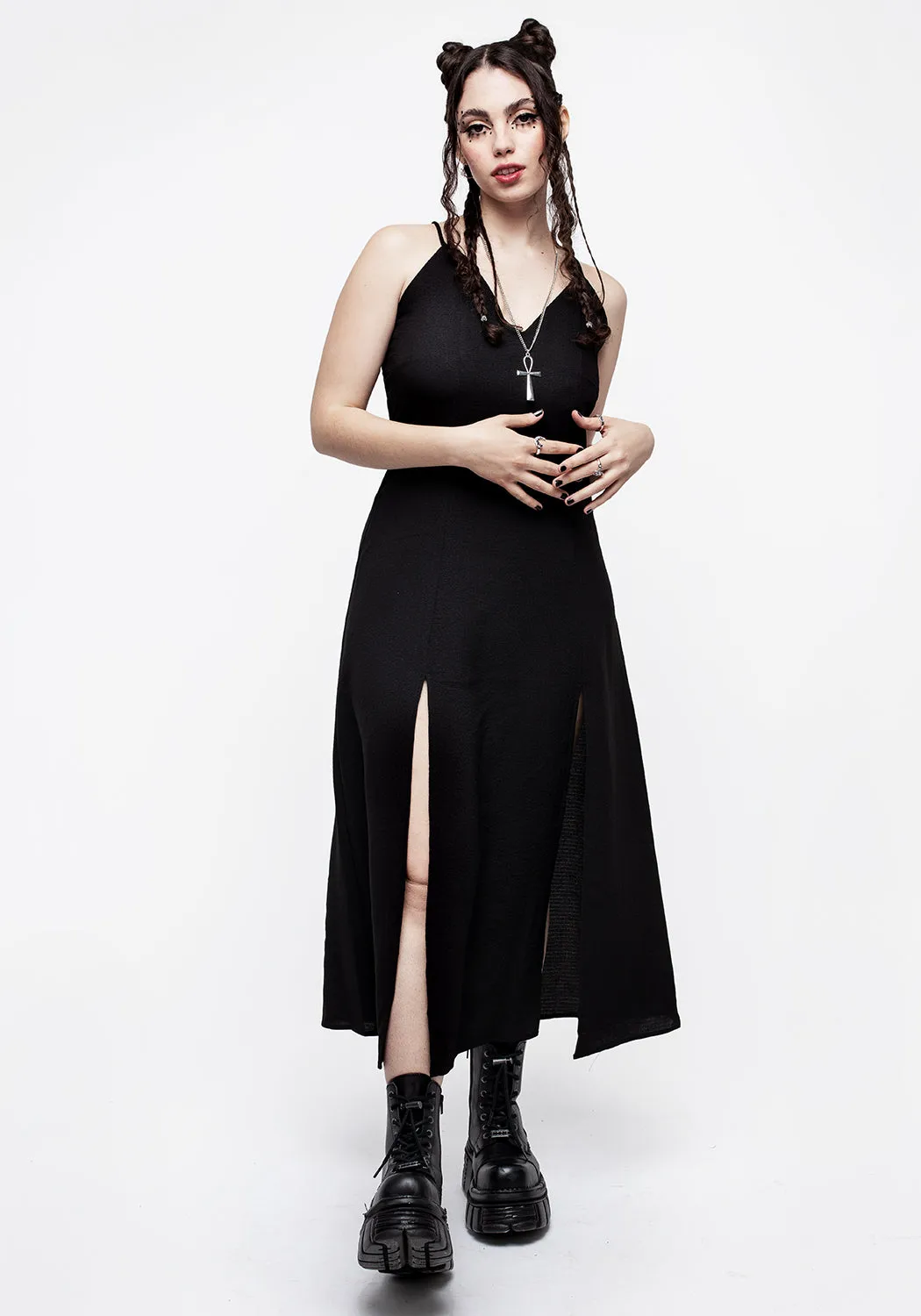 Outfit Boost Silky-Lining Requiem Crinkle Cami Double Split Midaxi Dress