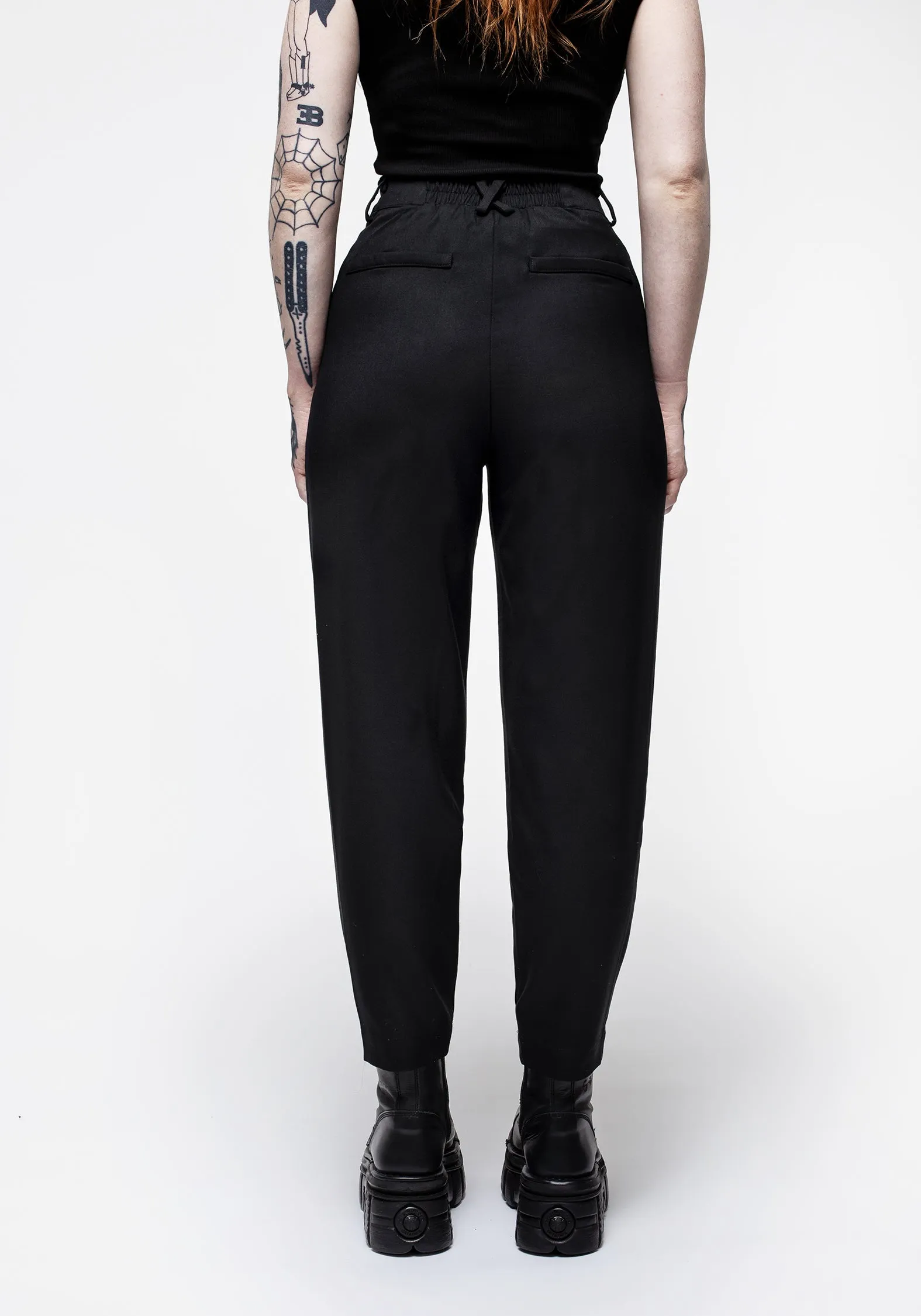 Malverde High Waist Tapered Trousers - Black Erasable Logo Patch Soft Stretch