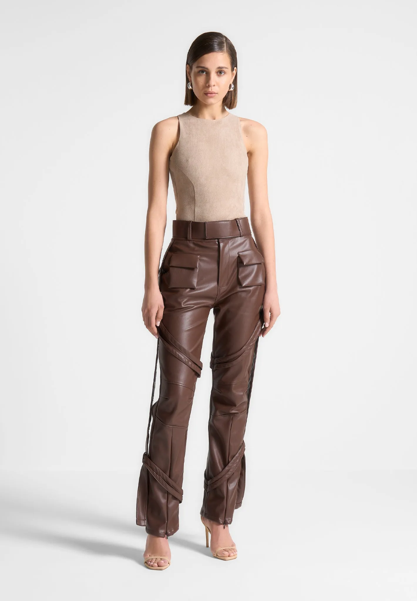 Adele - Suede Racer Neck Bodysuit - Taupe LayeredHemDetails