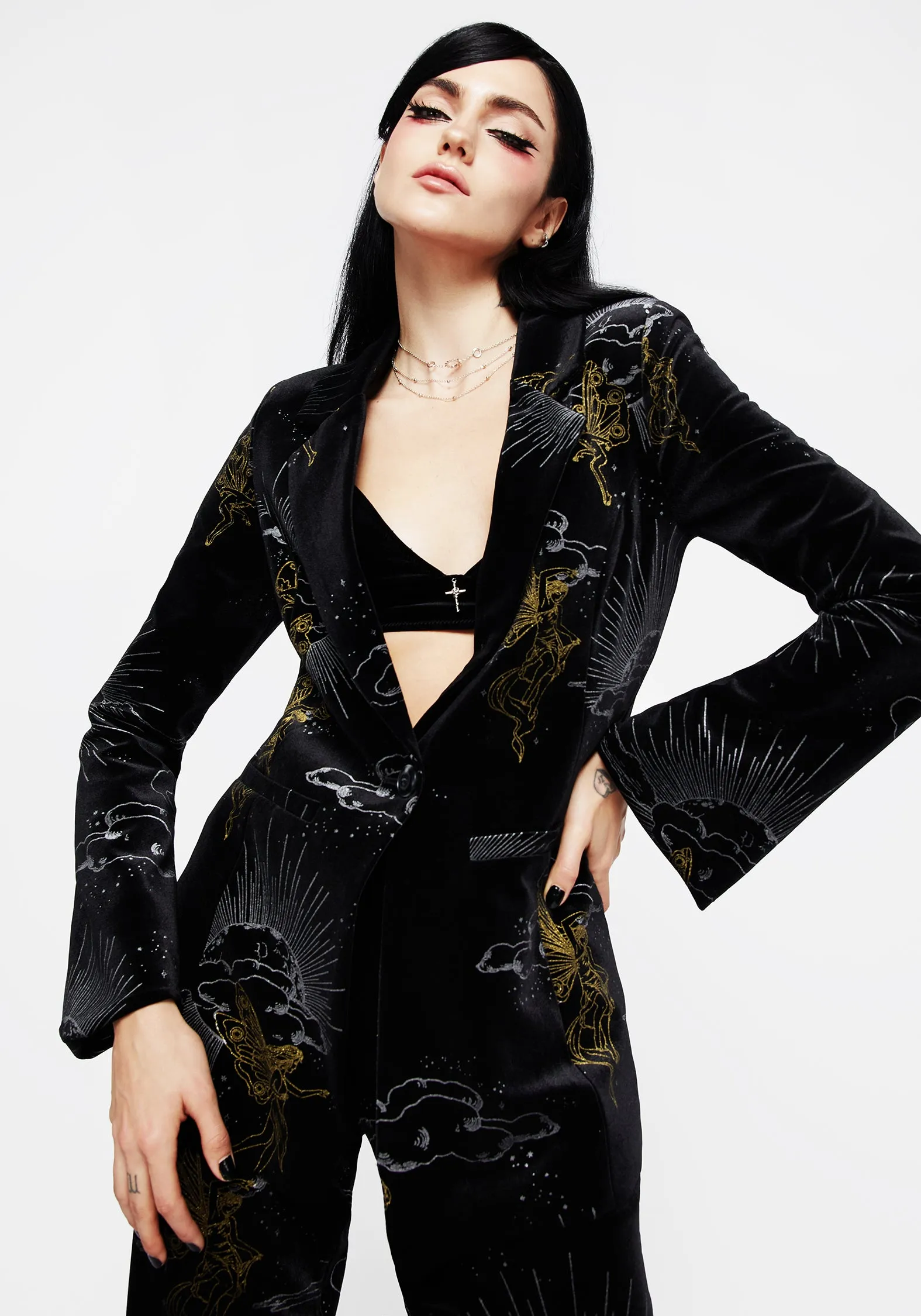 Odor Resistant Treatment Layered Placket Design Adelina Foil Print Velour Blazer