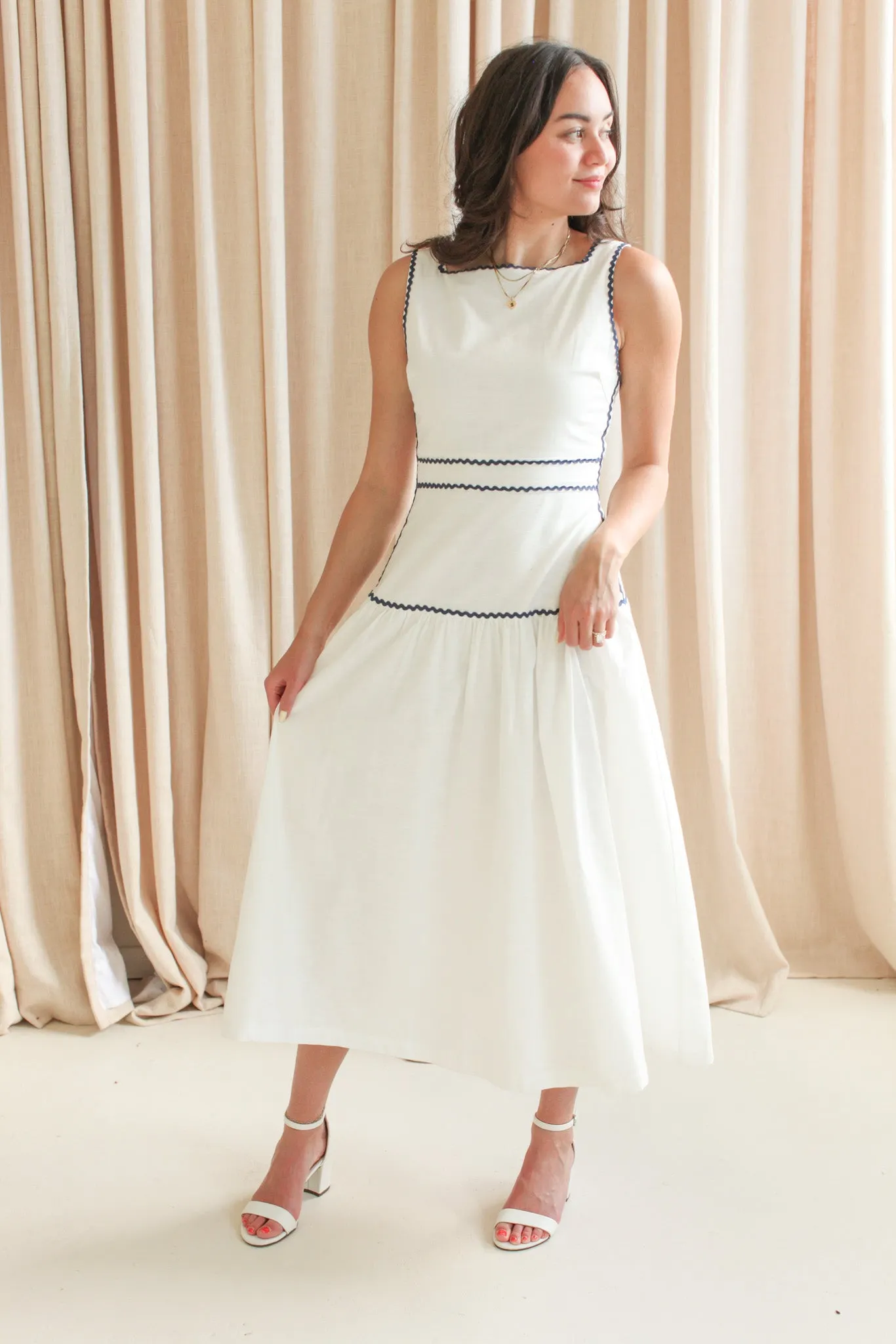 Adeline RicRac Midi Dress - Navy Organic-Fabric ElasticWaistband