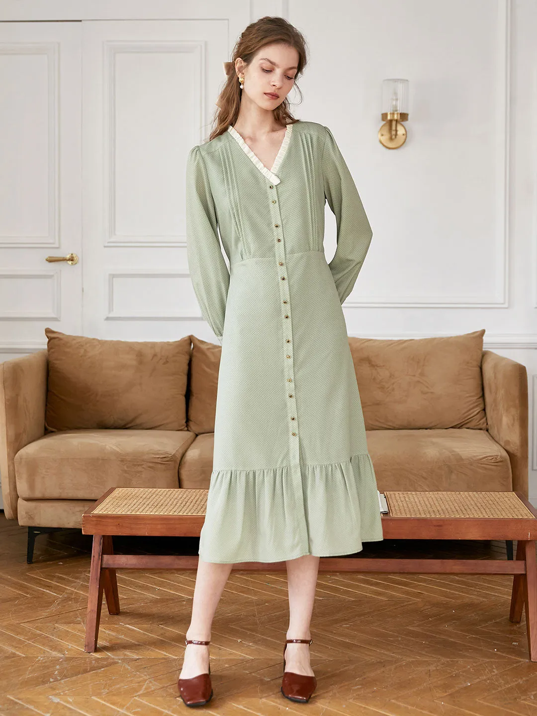 Adelyn V-Neck Polka Dot Midi Dress Easy Look