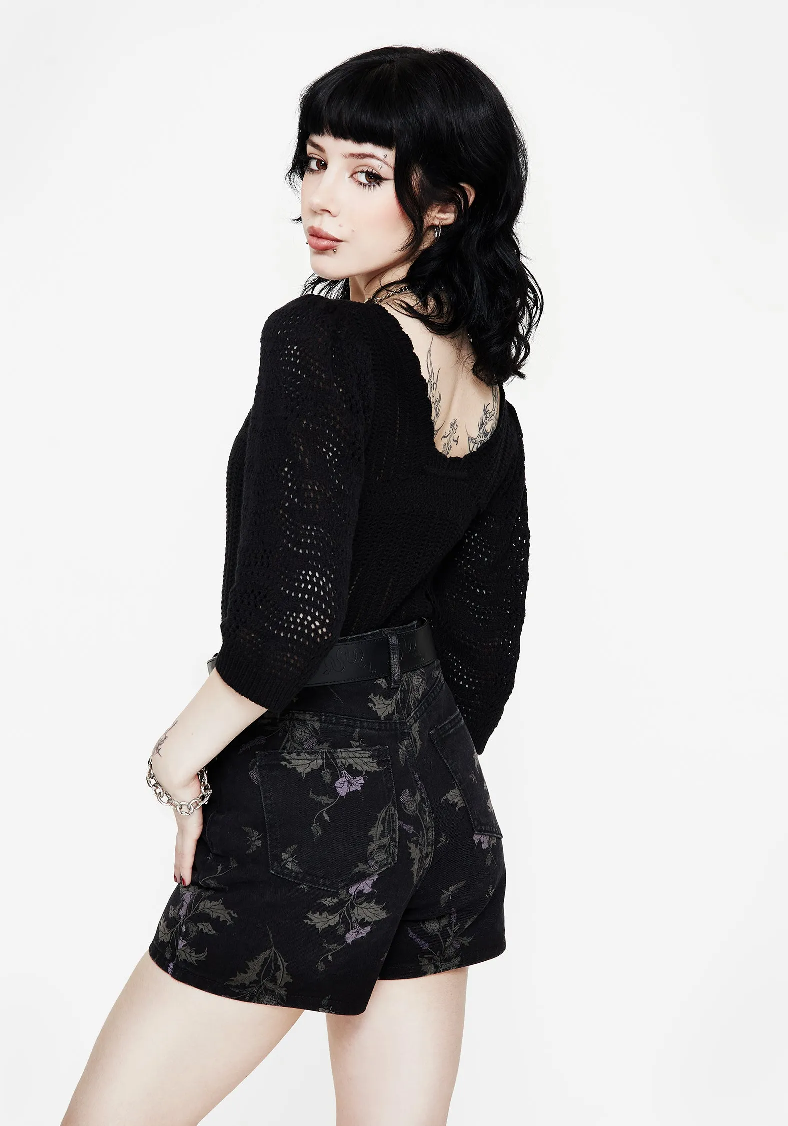 Self Fabric Tie WaterResistantCoating Danica Ladder Stitch Square Neck Knit Top