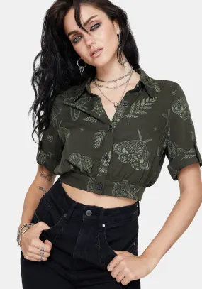 Comfy Cardigan Callopistria Moth Print Short Sleeve Crop Shirt - Green