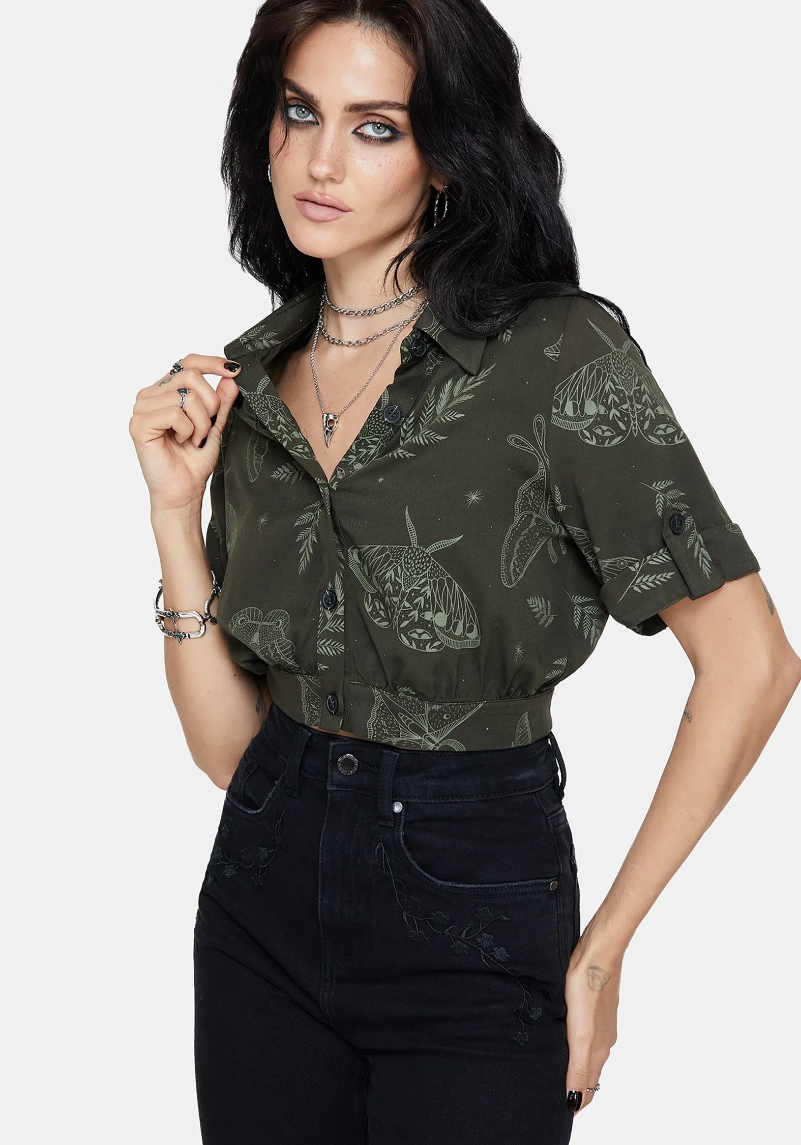 Callopistria Moth Print Short Sleeve Crop Shirt - Green Trendy Look