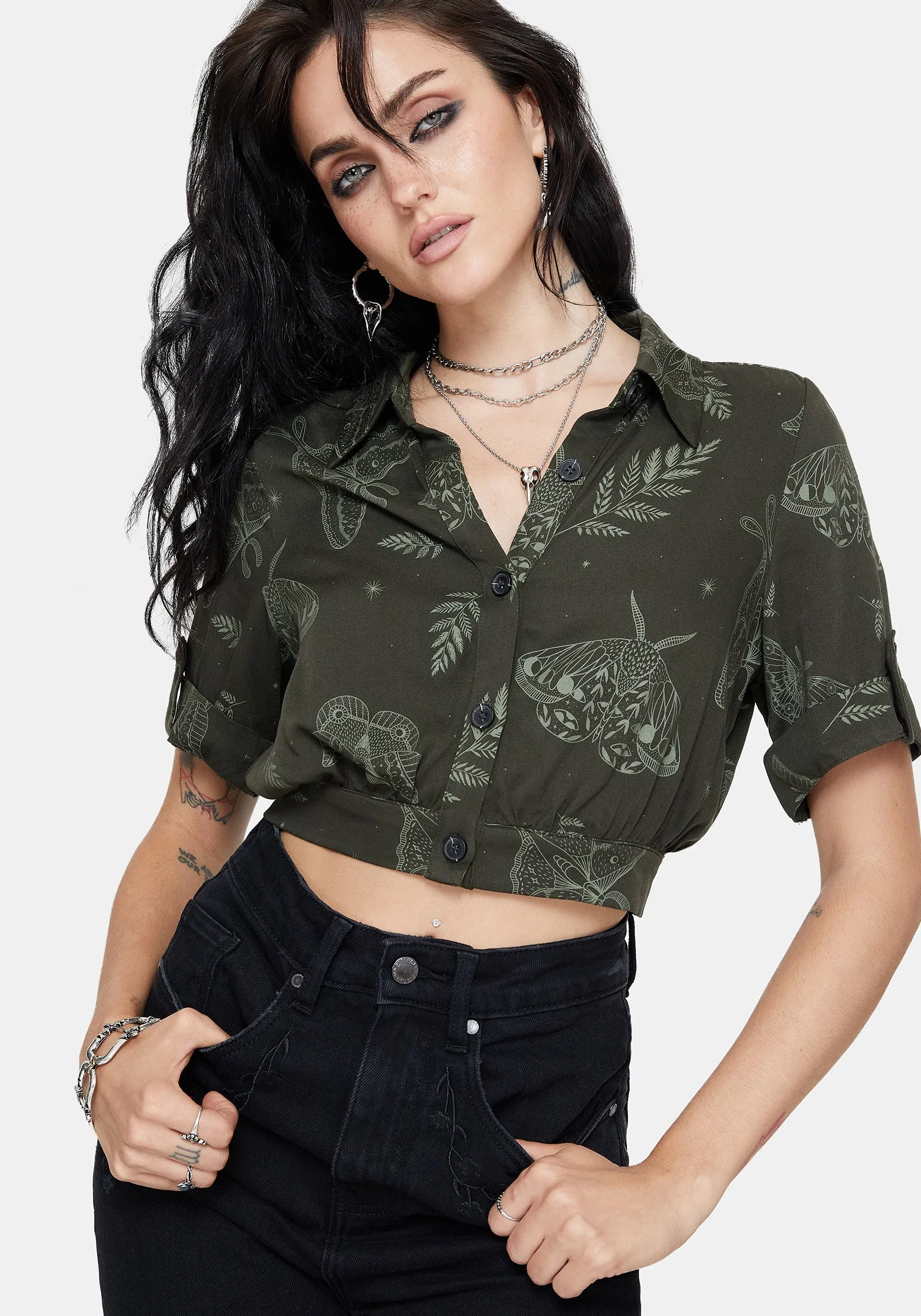 Callopistria Moth Print Short Sleeve Crop Shirt - Green Minimalist Design