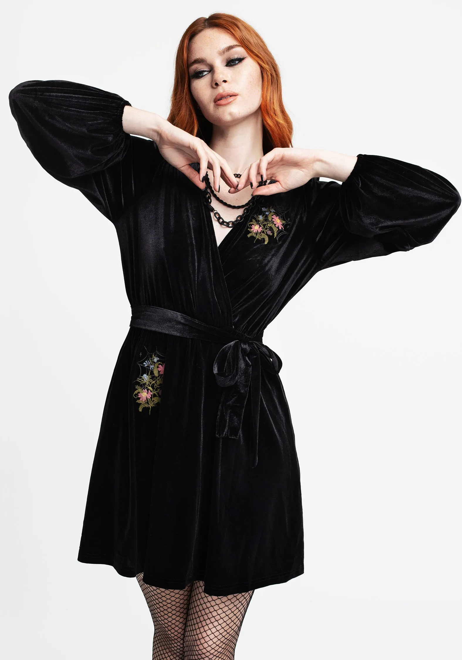 Sheer Glam Reinforced Hemline Cleome Floral Spiderweb Embroidered Velour Faux Wrap Mini Dress