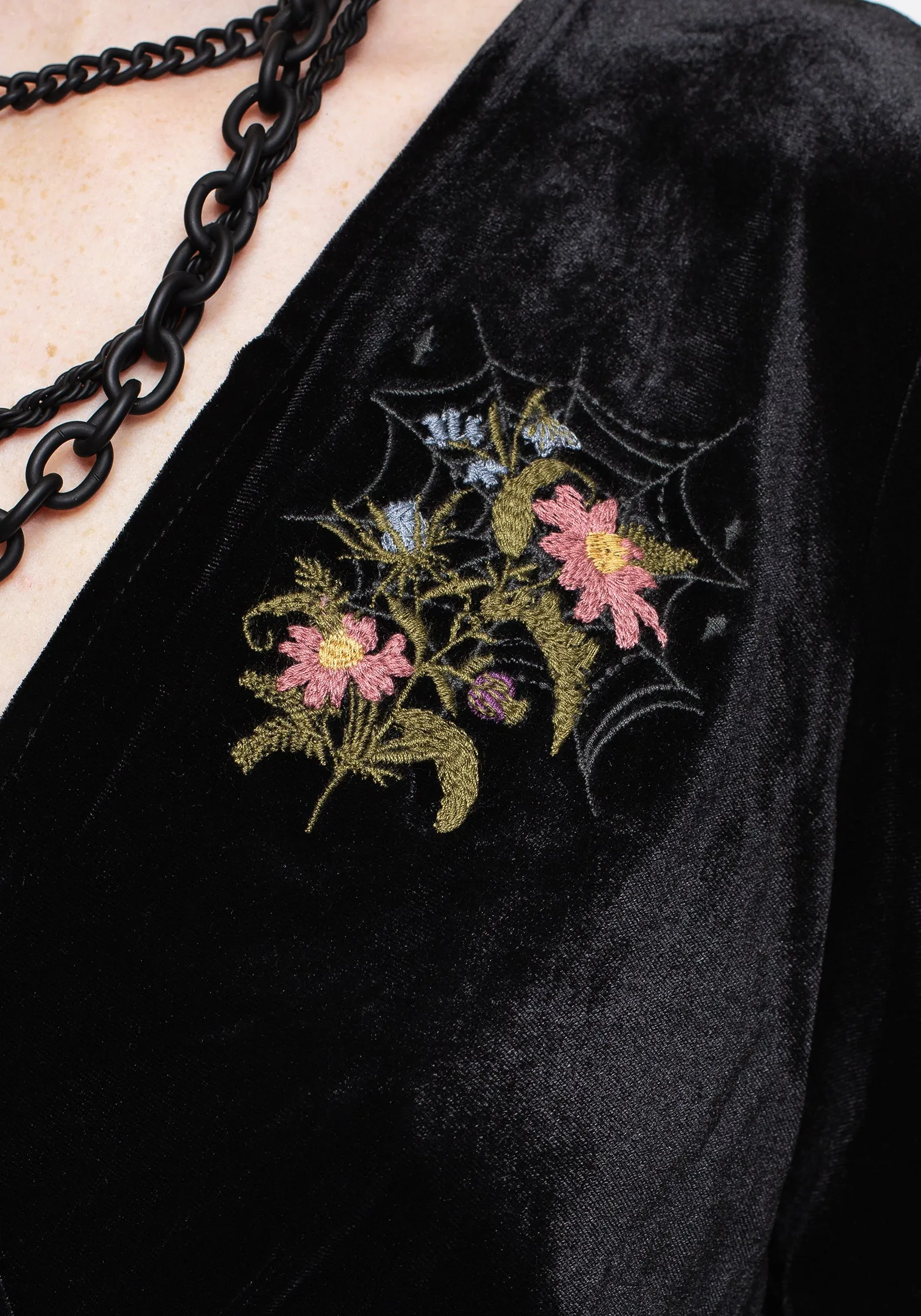 Cleome Floral Spiderweb Embroidered Velour Faux Wrap Mini Dress Clean Stitch