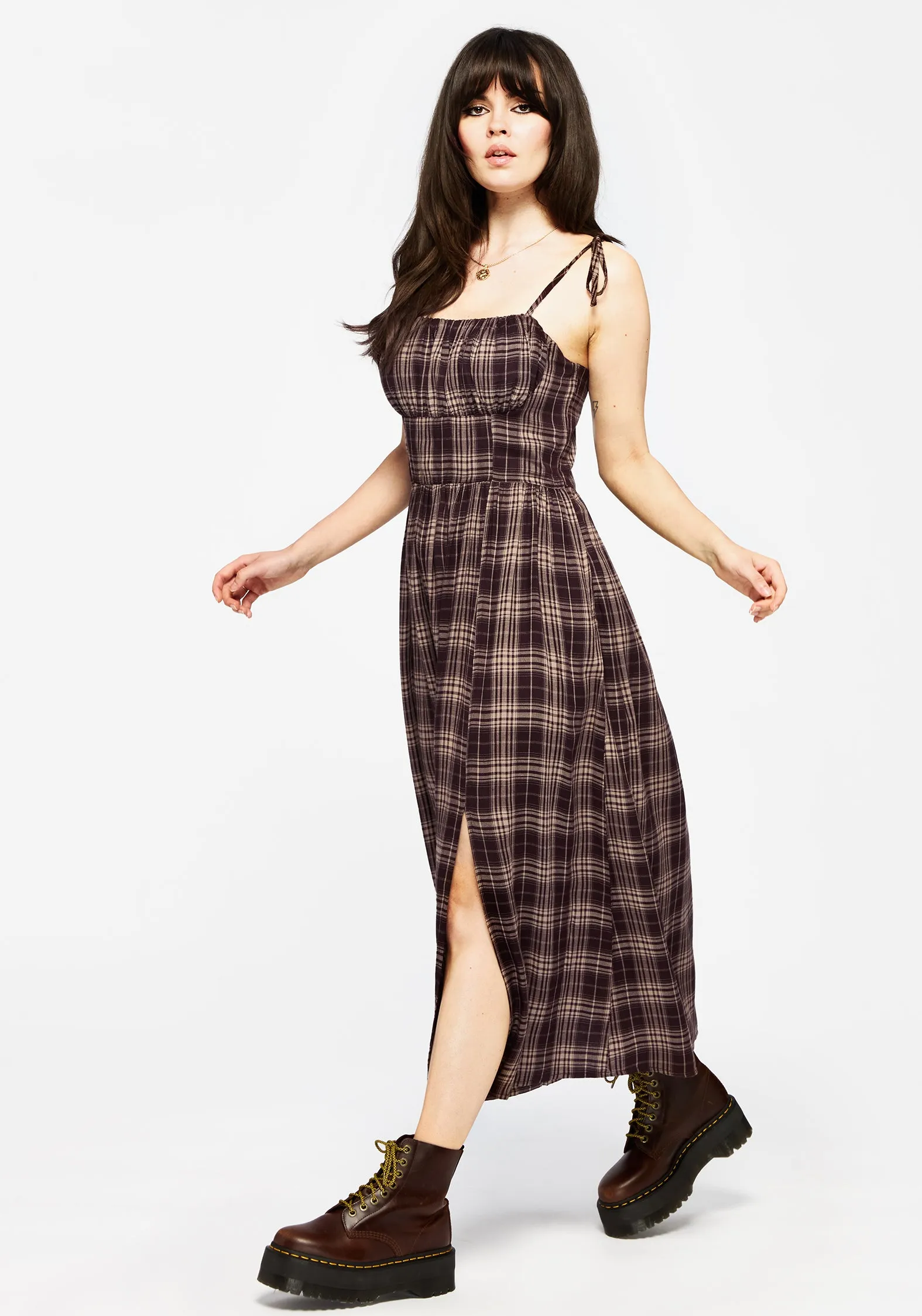 Adra Check Cami Tie Strap Midi Dress Flattering Cut Wear Rural Charm