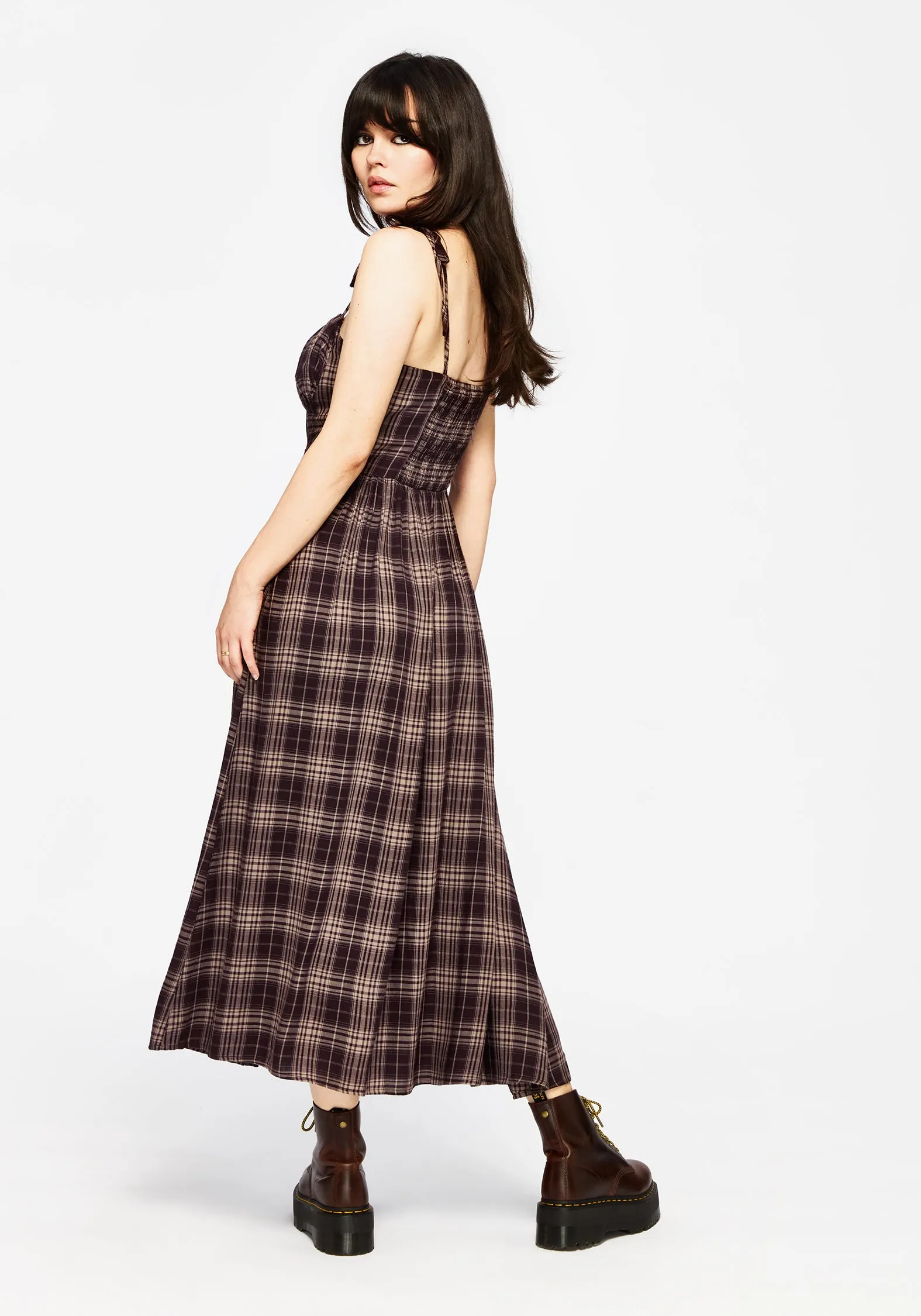 Adra Check Cami Tie Strap Midi Dress Feminine Look
