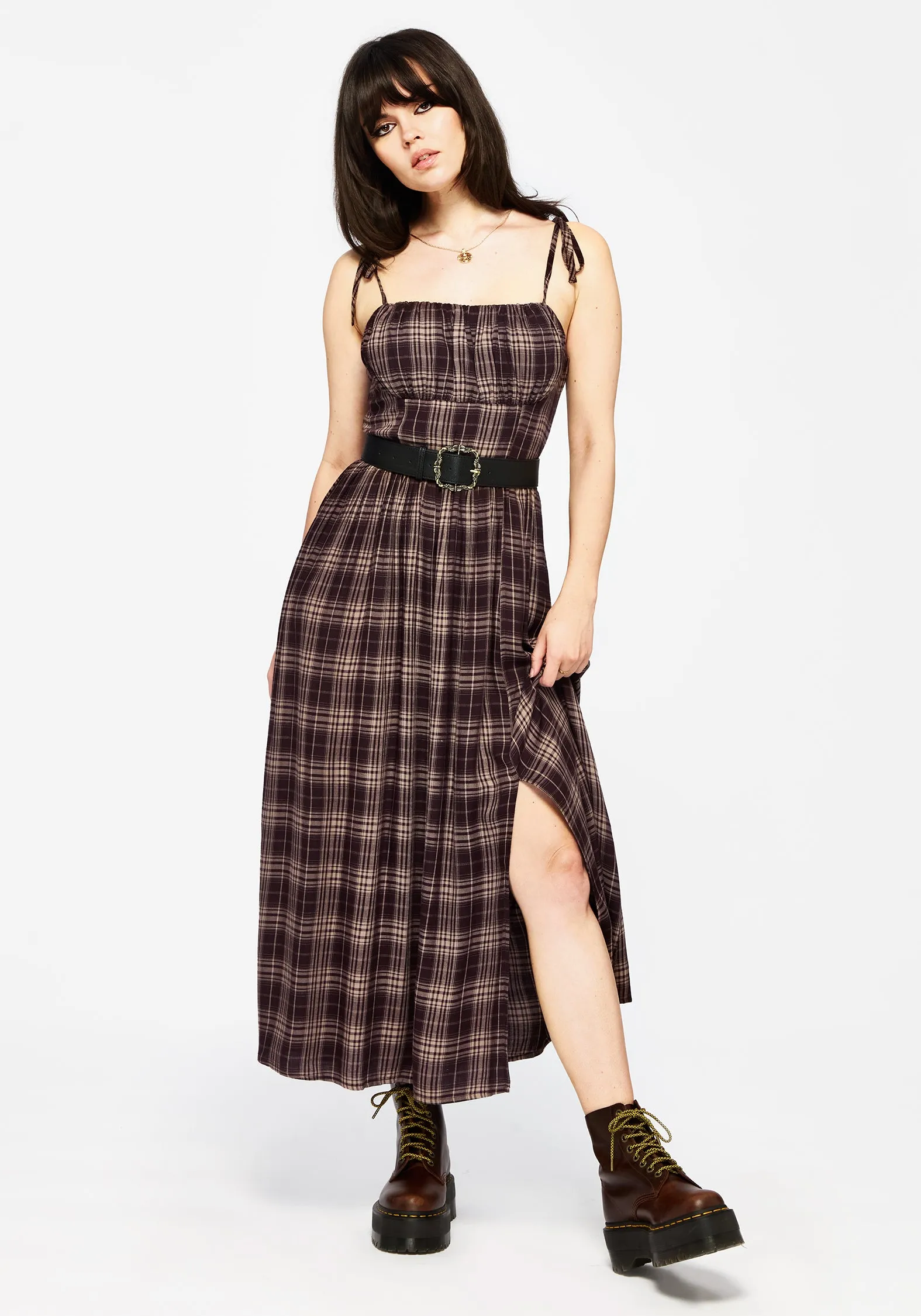 Winter-Season Adra Check Cami Tie Strap Midi Dress