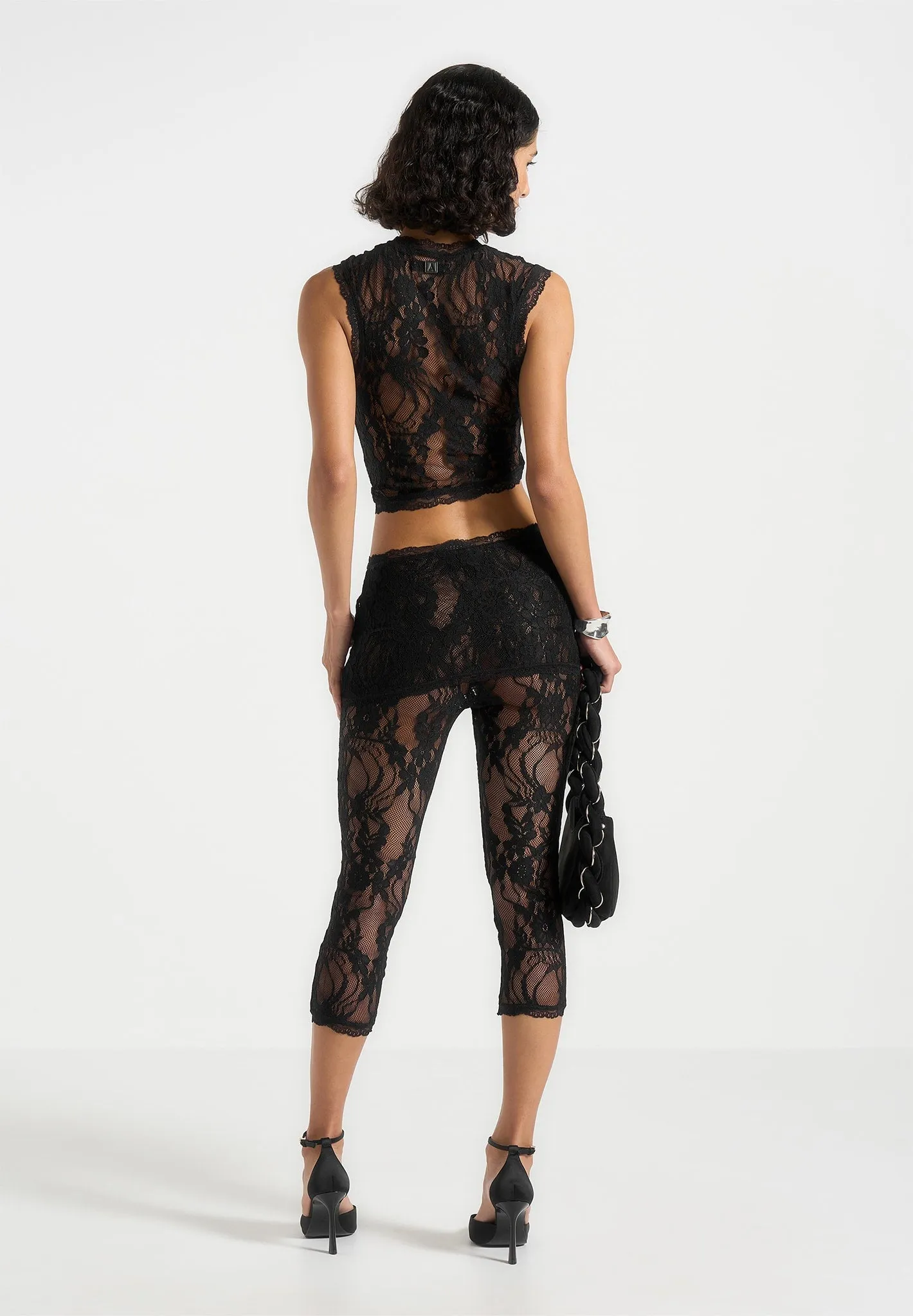 Aim??e - Lace Asymmetric Capri Leggings - Black Durable Overlock Stitching Travel Ready