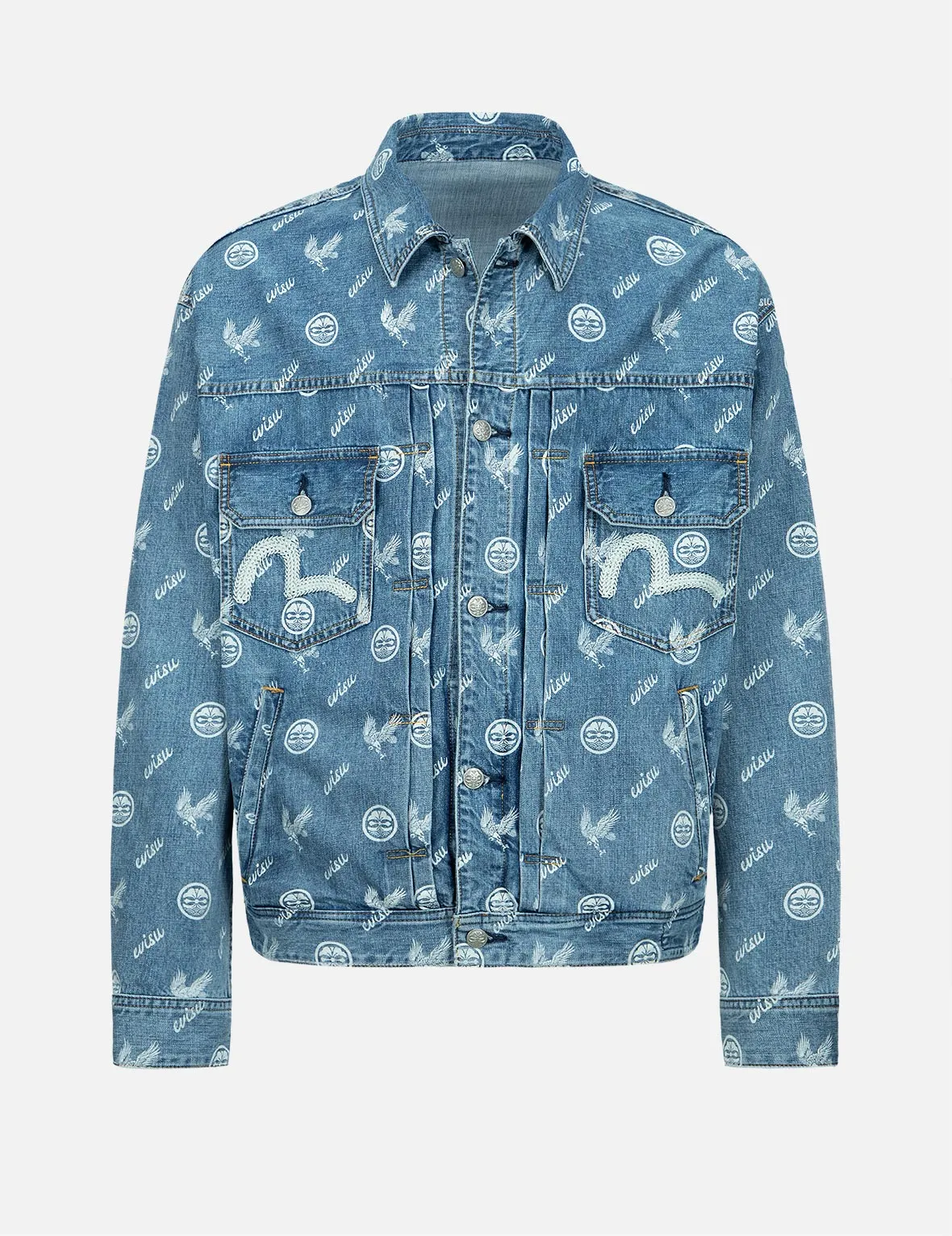 Eagle and Kamon Allover Discharged Print Denim Jacket FadeResistant Finish