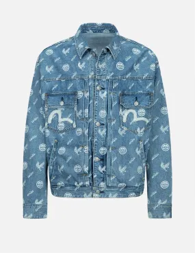 Eagle and Kamon Allover Discharged Print Denim Jacket FadeResistant Finish