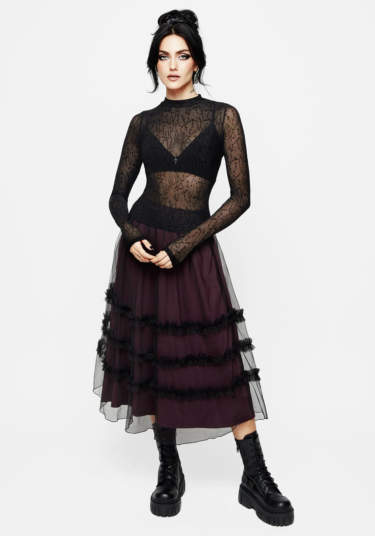 FlexibleCuffs Bouquet Floral Flocked Velour Mesh Top