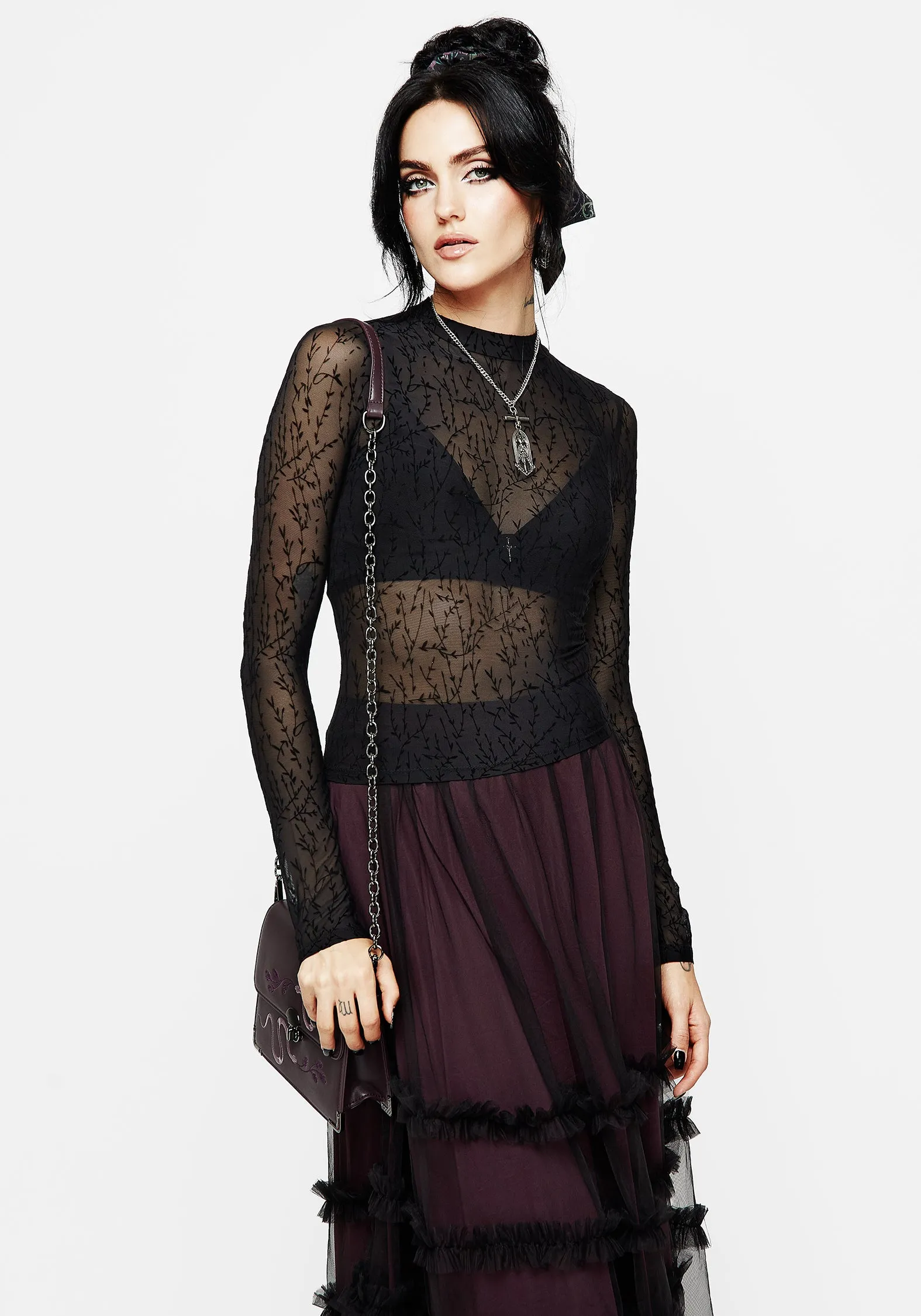 Bouquet Floral Flocked Velour Mesh Top Petal Sleeve Architecture