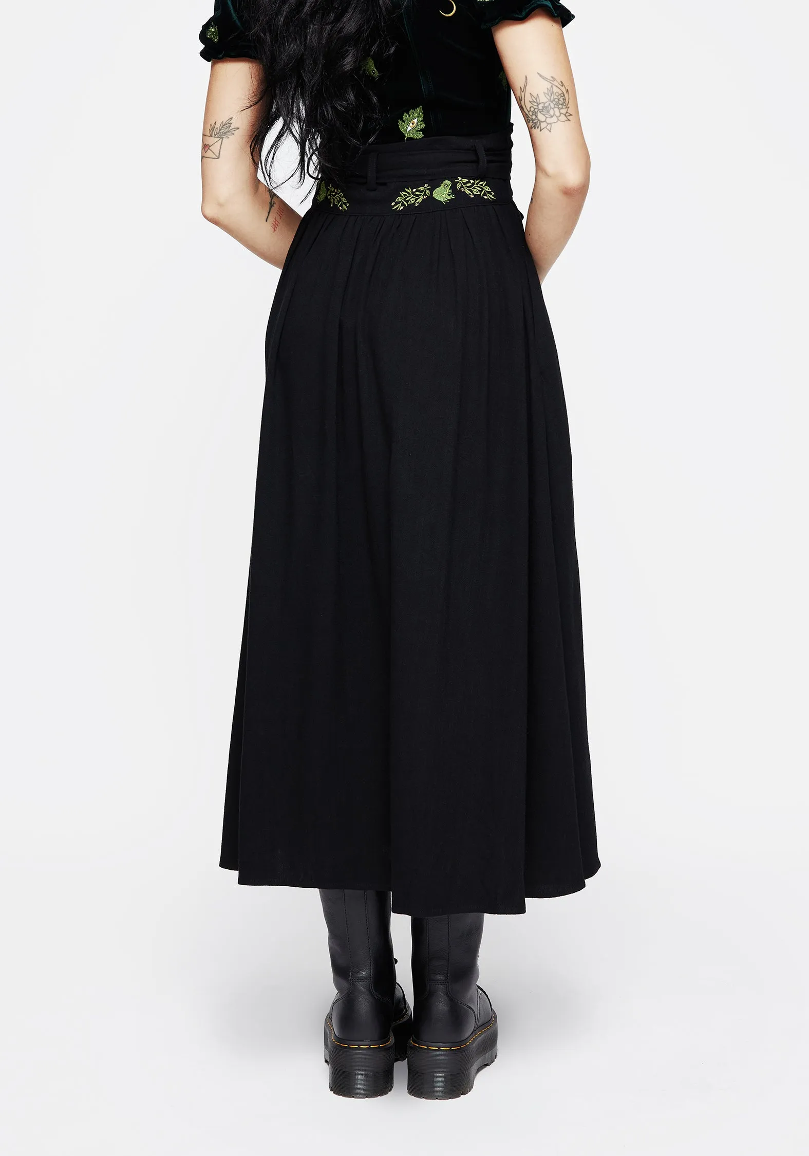 Cozy Movement Comfort Wear Swamplife Frog Embroidered Linen Blend High Waist Midaxi Skirt