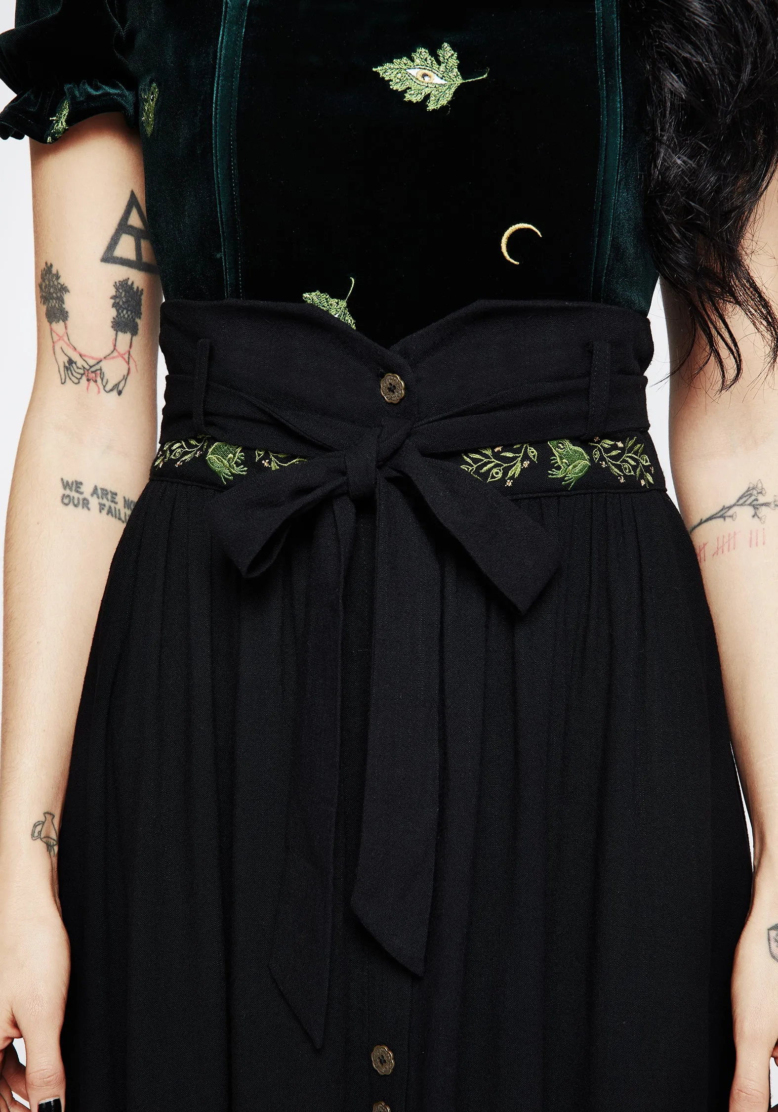 Weekend Fashion Swamplife Frog Embroidered Linen Blend High Waist Midaxi Skirt