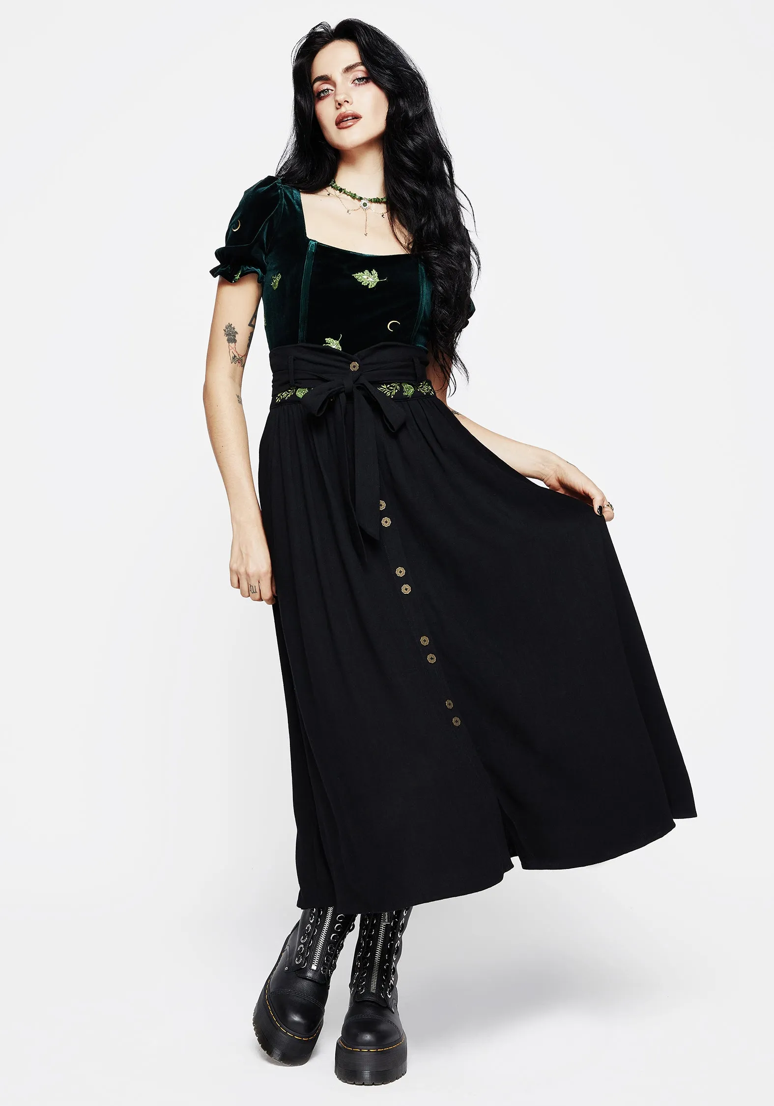 Swamplife Frog Embroidered Linen Blend High Waist Midaxi Skirt Thermal Regulating Casual Wear