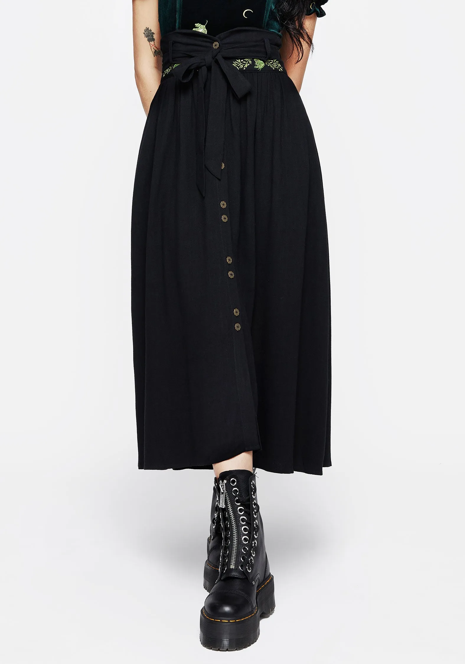 Clean Finish Swamplife Frog Embroidered Linen Blend High Waist Midaxi Skirt