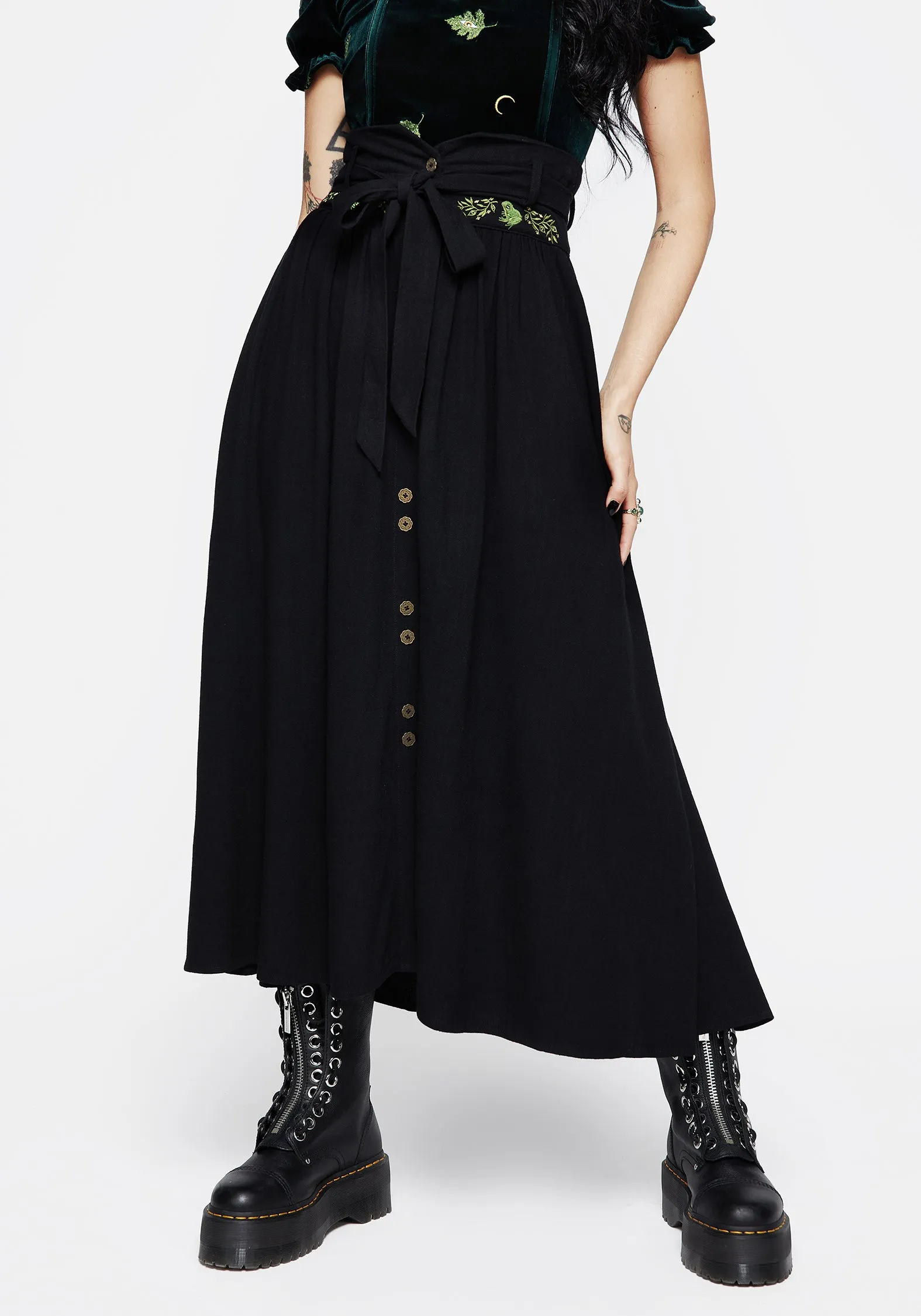 Easy Style Swamplife Frog Embroidered Linen Blend High Waist Midaxi Skirt