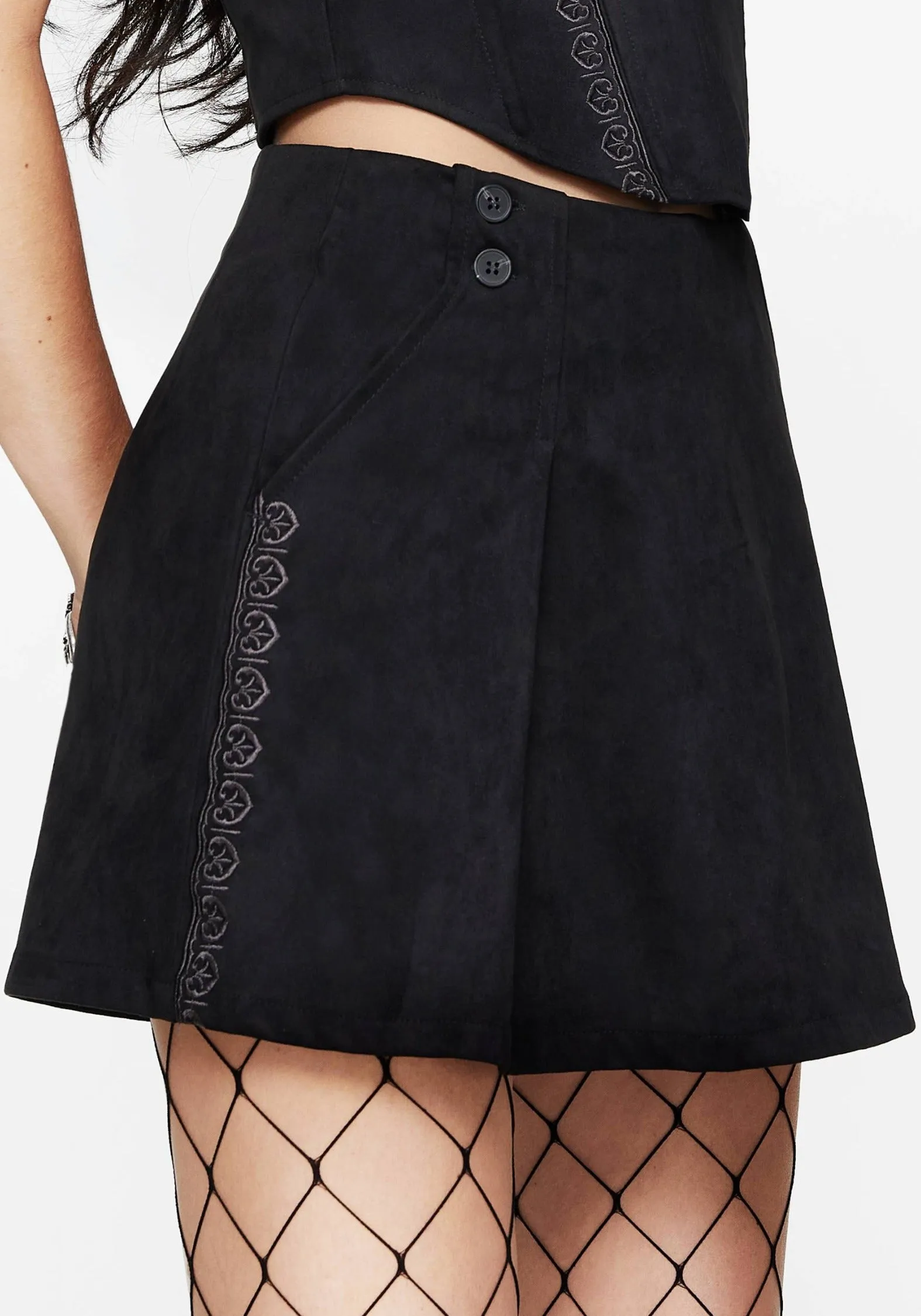Lauma Embroidered Faux Suede Skort Laser cut Outfit Mix