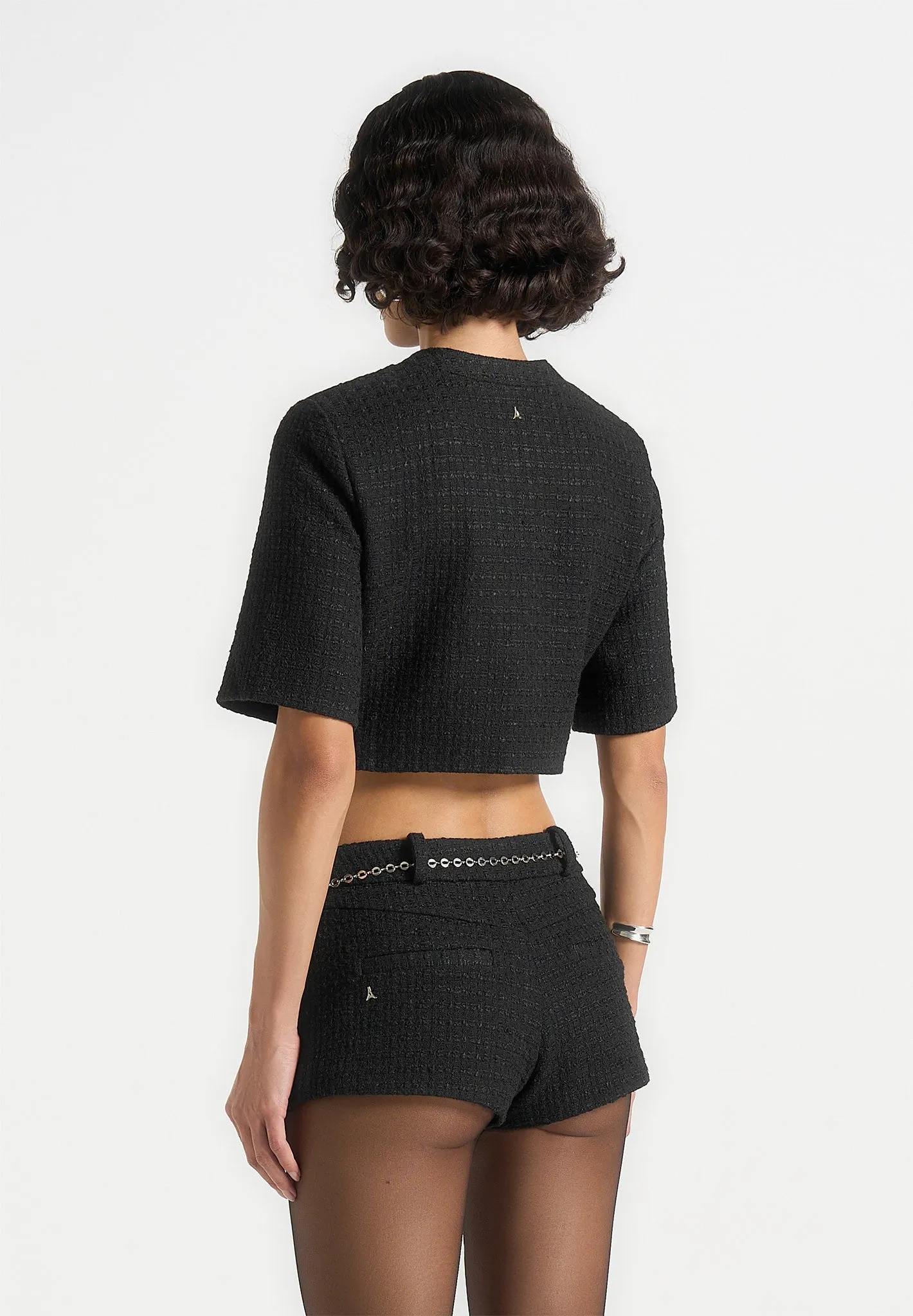 Soft and Cozy Stretchable Weave Alba - Tweed Mock Neck Curve Detailing Top - Black