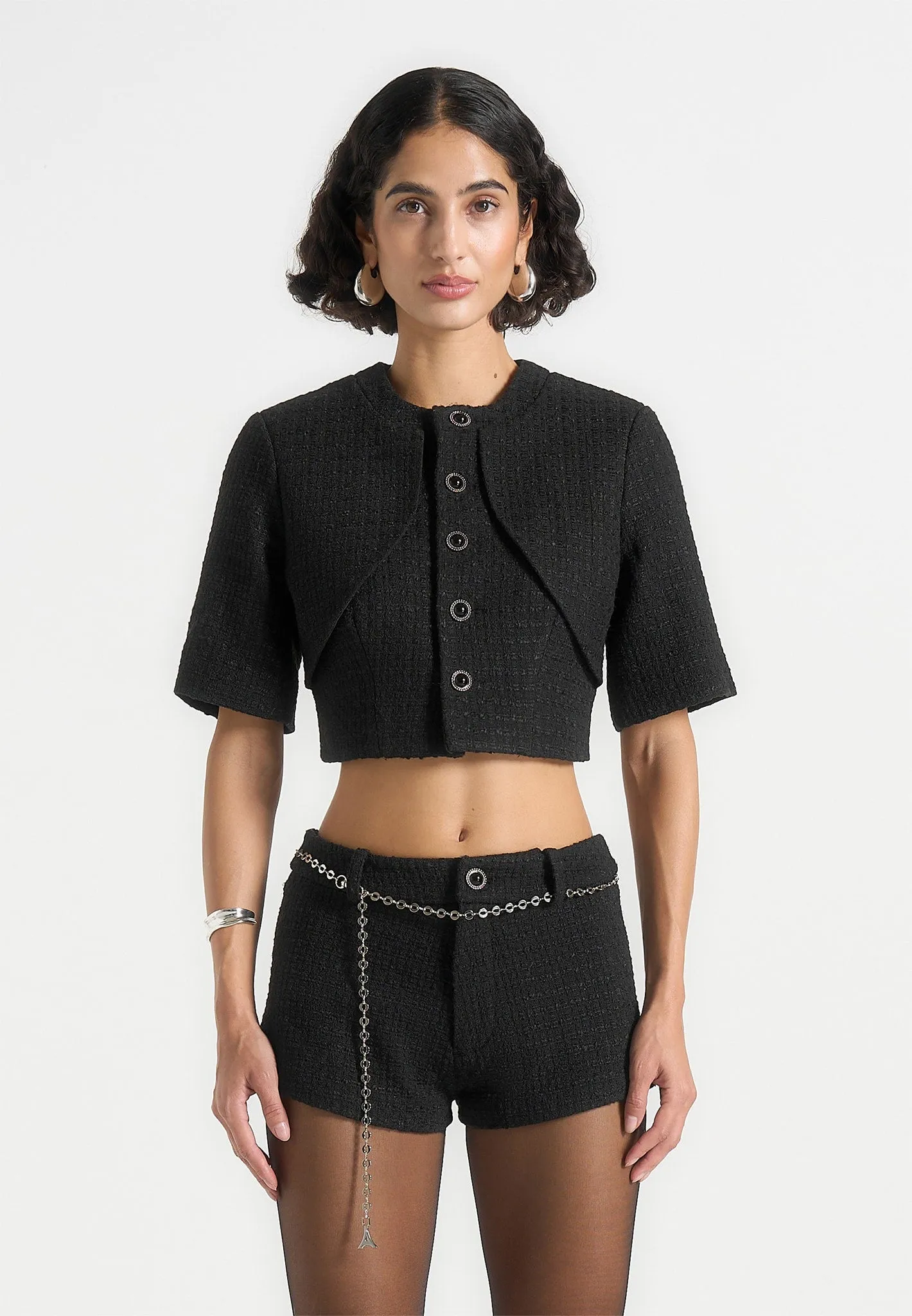 Alba - Tweed Mock Neck Curve Detailing Top - Black Cozy And Warm Quality Fabric