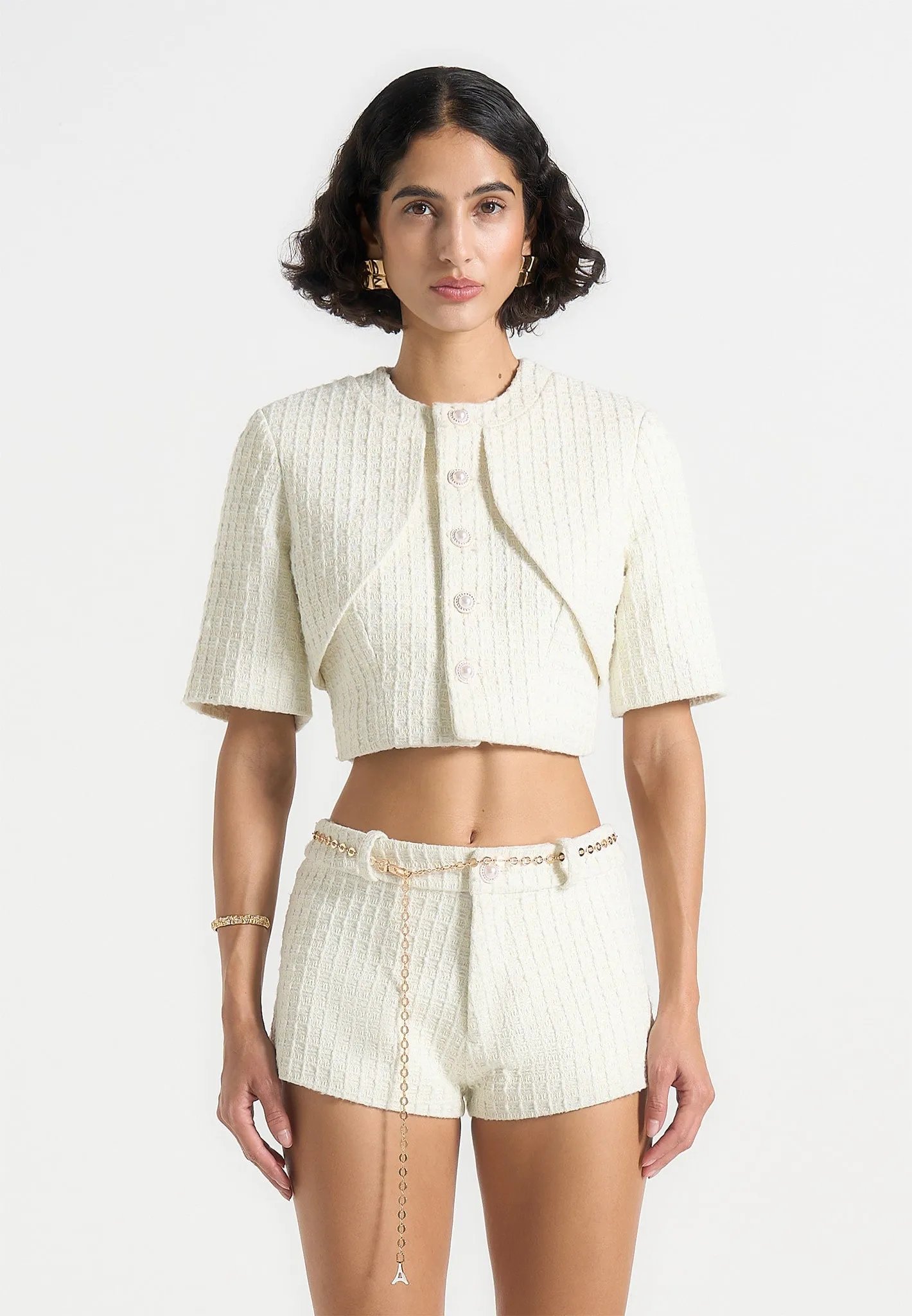 polo neck Alba - Tweed Mock Neck Curve Detailing Top - Cream