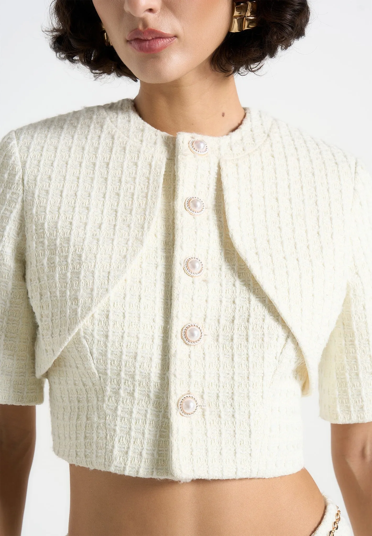 Alba - Tweed Mock Neck Curve Detailing Top - Cream ComfortOptimizedConstruction Casual Comfort