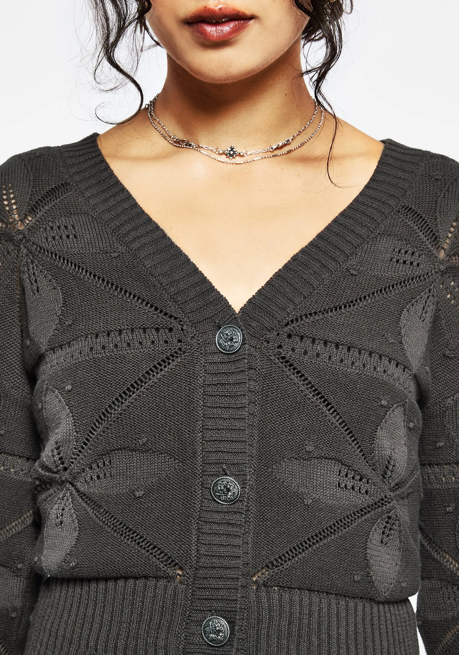 BoxySilhouette LowMaintenance Stone Washed Texture Alda Floral Pointelle Balloon Sleeve Knit Cardigan