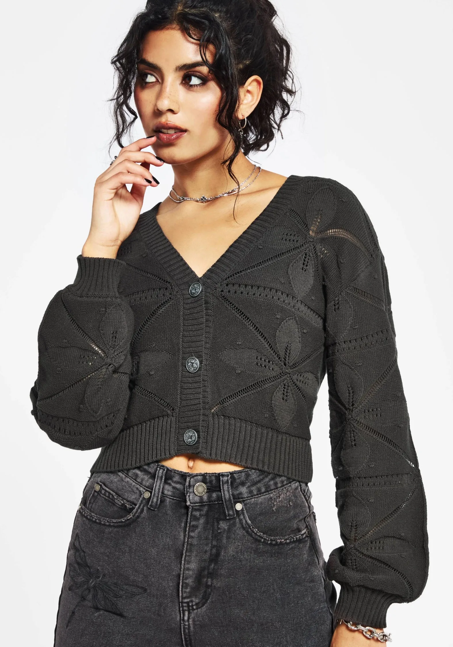 ComfortStretchFit AbrasionResistant Stone Washed Texture Alda Floral Pointelle Balloon Sleeve Knit Cardigan