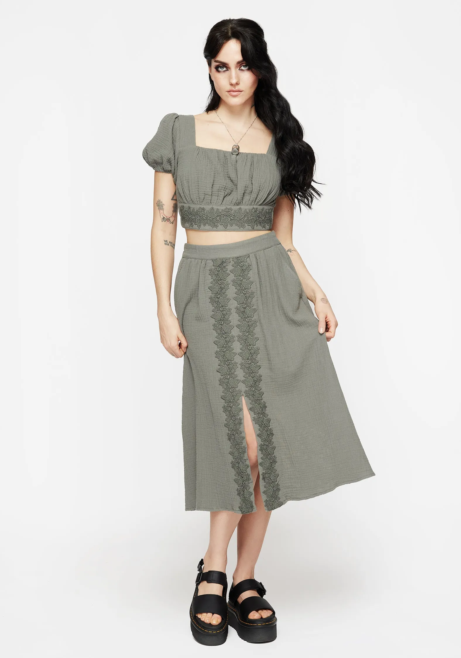 Slim Fit Band Alder Cotton Ivy Detail Midi Skirt