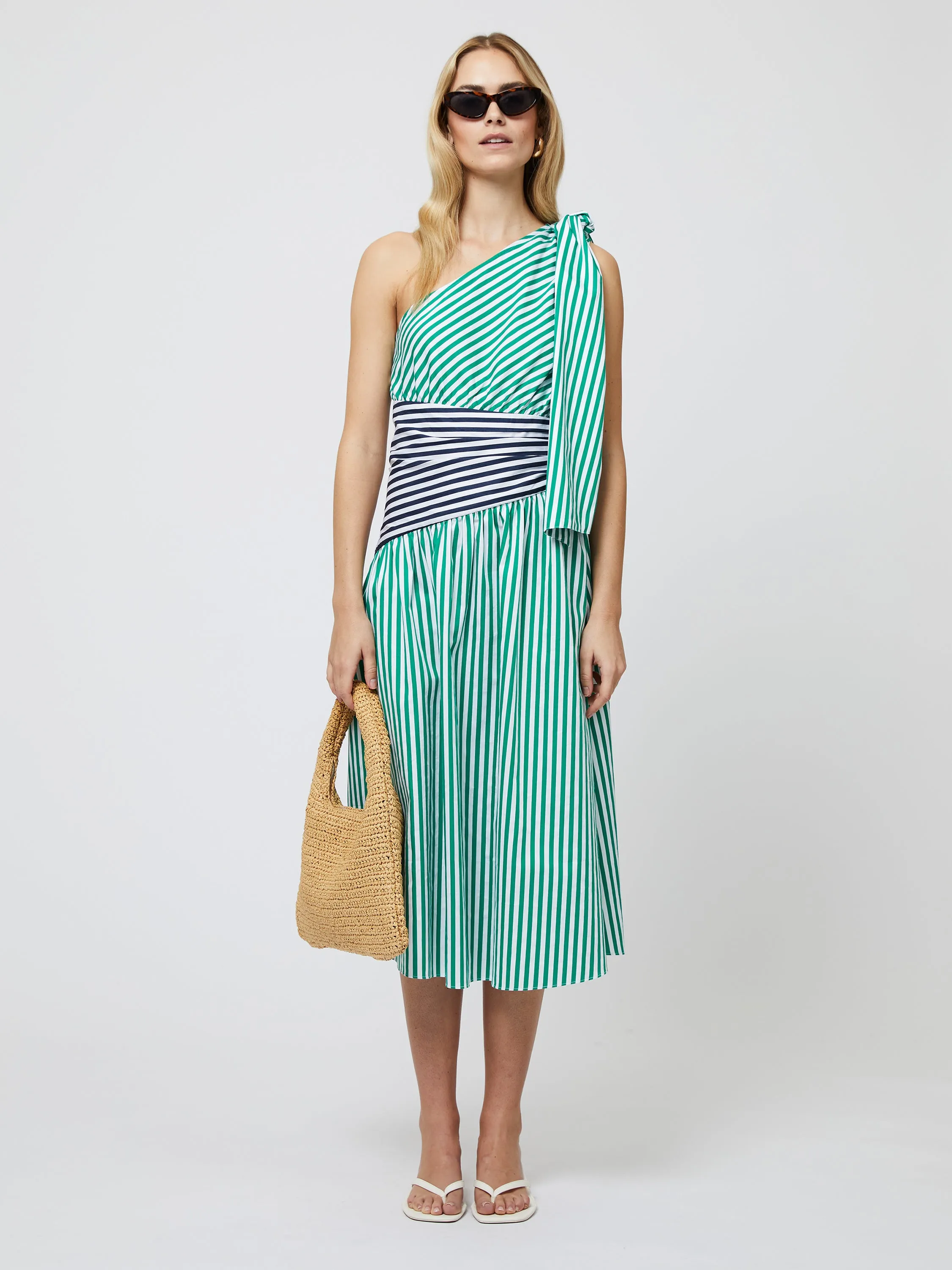 Alexis Cotton One Shoulder Striped Dress Hook-And-Eye Lightweight-Structure