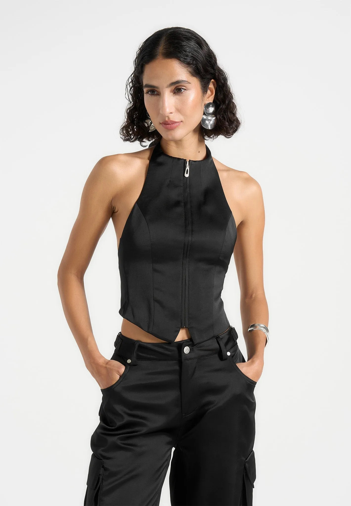 Claudette - Satin Halterneck Backless Top - Black NonRestrictive Cut