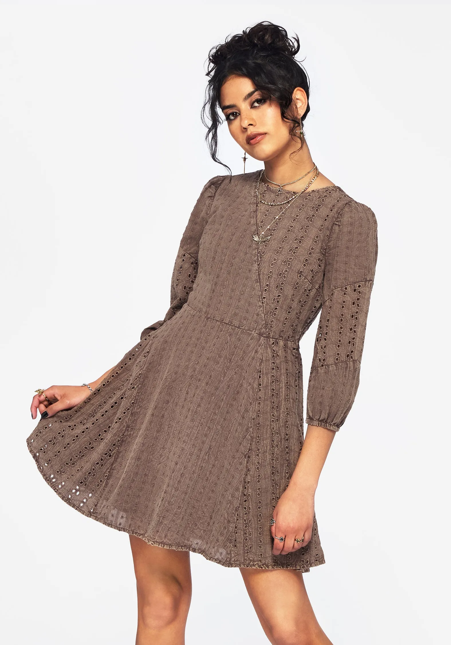 Summerisle Cotton Broderie Detail Mini Smock Dress Cozy Texture Puff-Sleeve