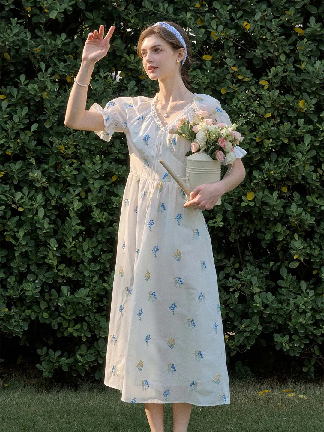 Jane Gypsophila Embroidered Floral V-neck Puff Sleeve Cotton Dress Fashionable And Functional Cozy Mood