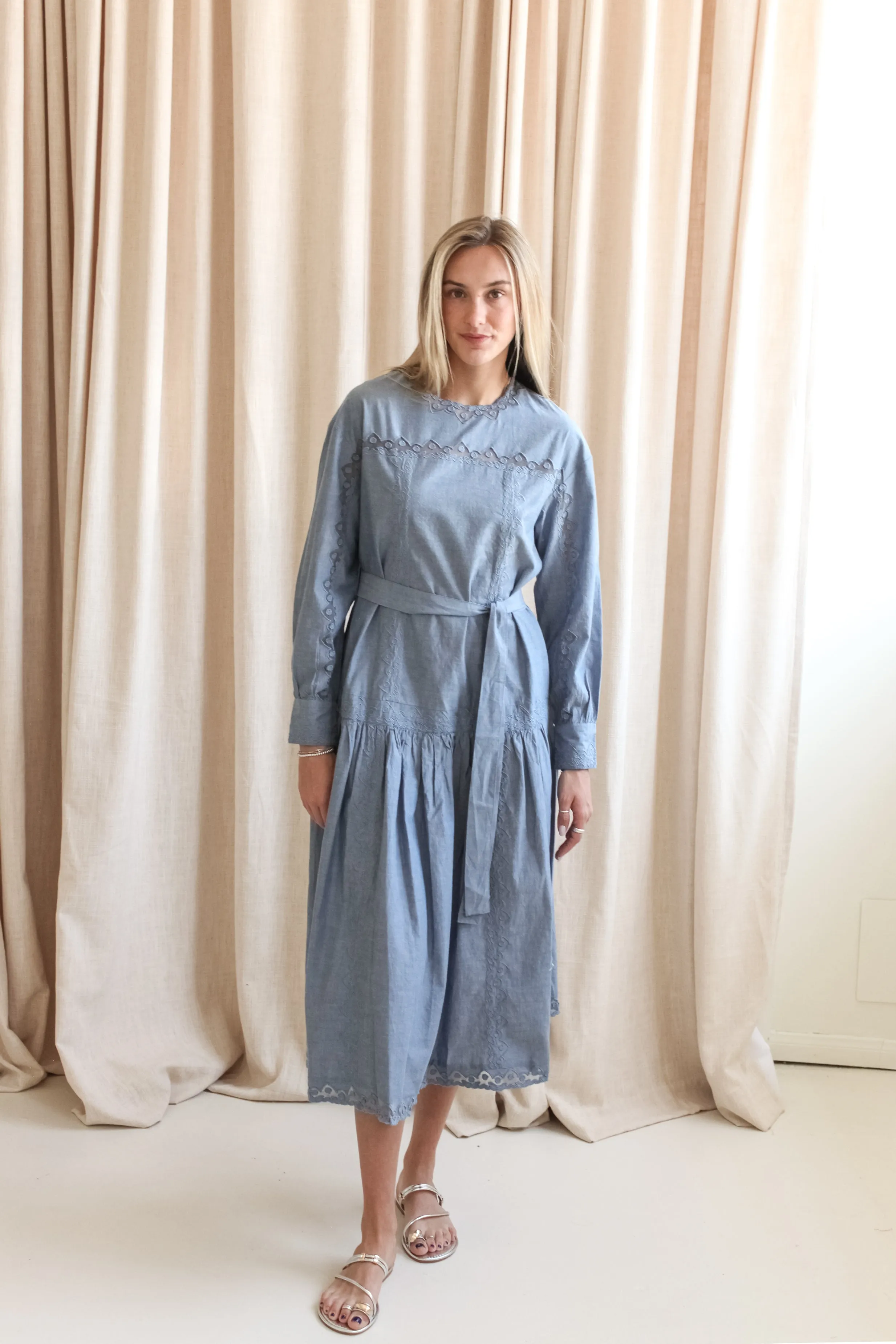 Ethically-Made Ulla Johnson Brin Drop Waist Long Sleeve Dress - Chambray