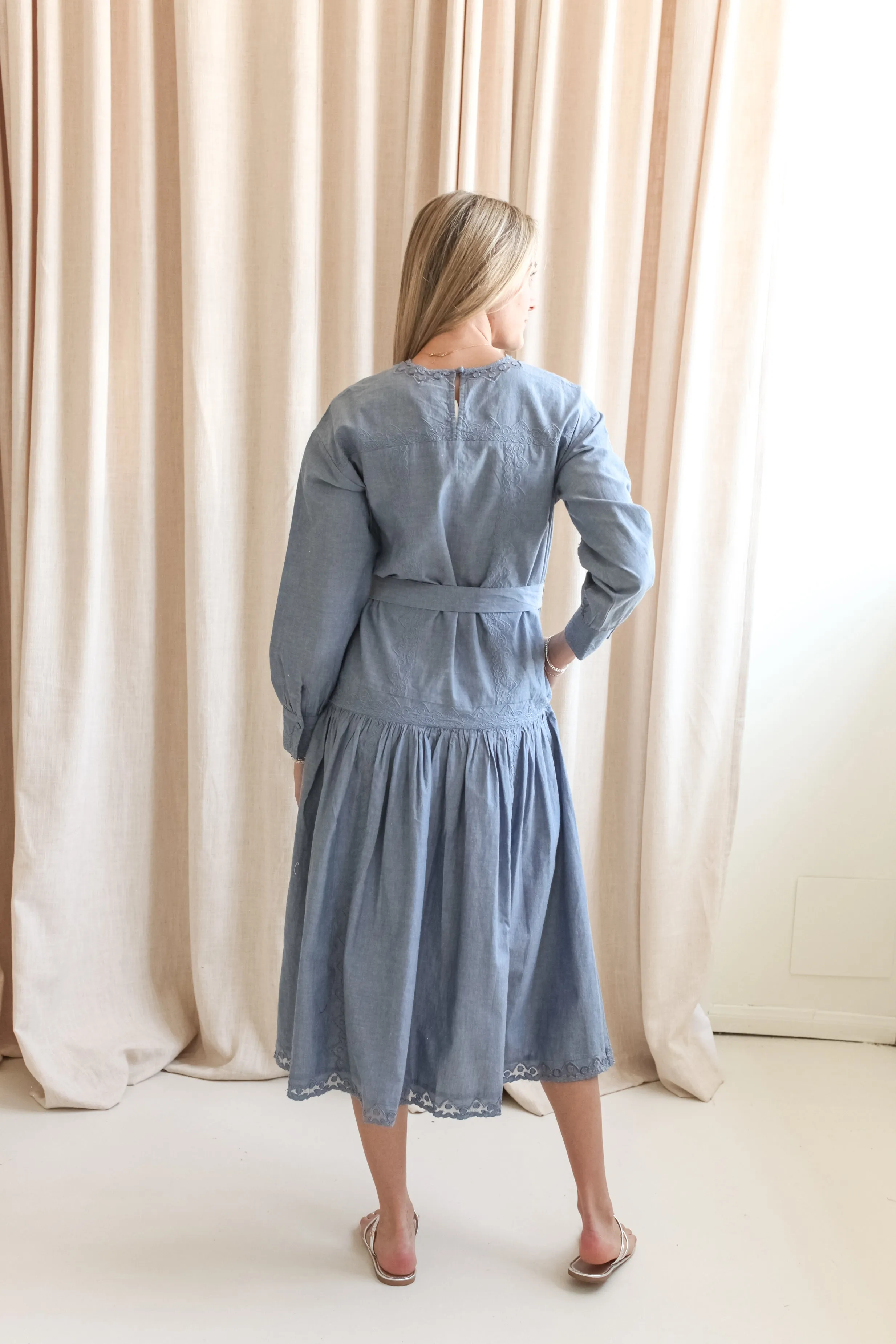 effortless grace Breezy Comfort Ulla Johnson Brin Drop Waist Long Sleeve Dress - Chambray