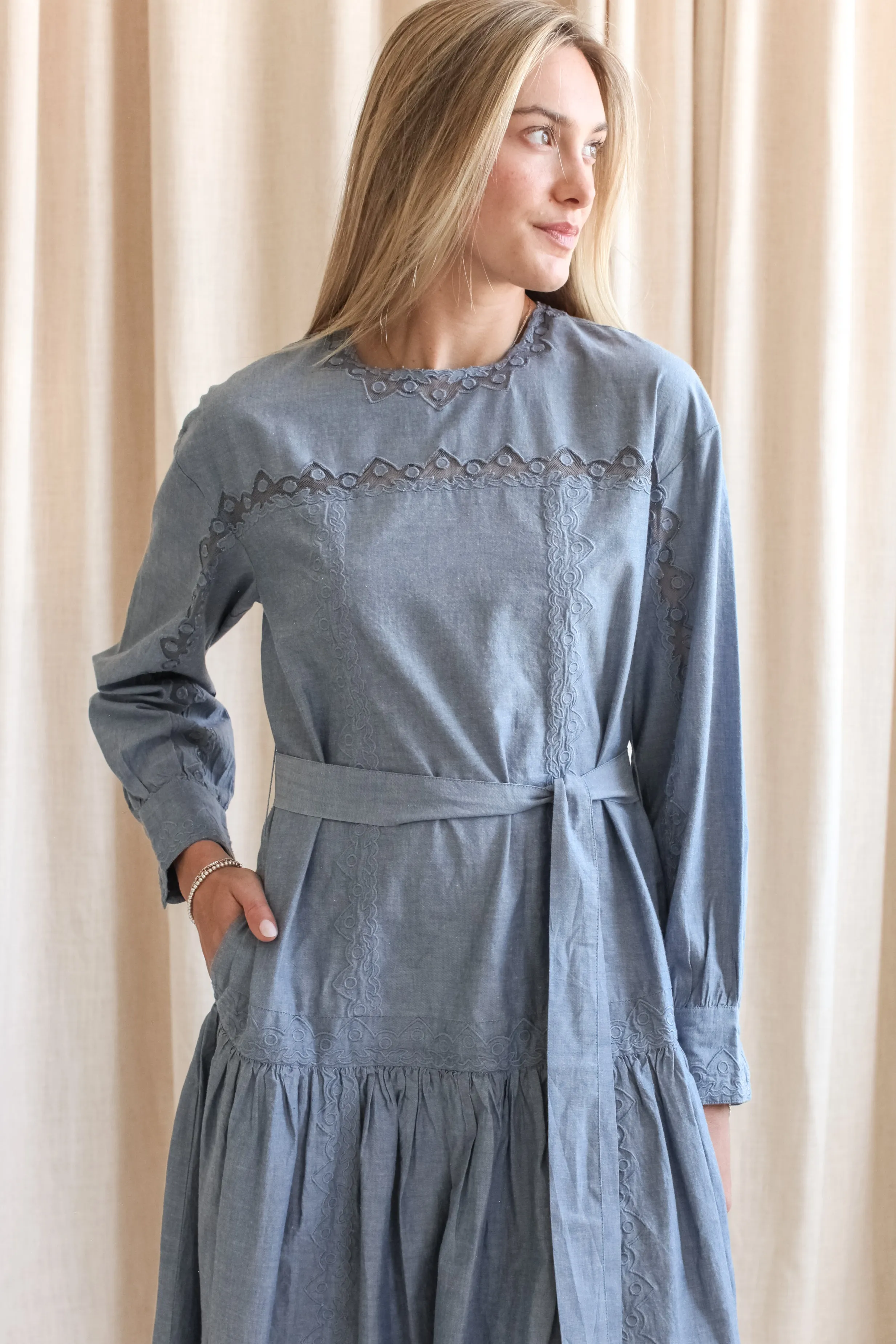 Soft Neutral Life Soft Ulla Johnson Brin Drop Waist Long Sleeve Dress - Chambray