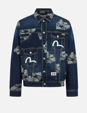 Allover Godhead Jacquard and Seagull Embroidery Loose Fit Deconstructive Denim Jacket Neutral Tone Palette Chic Look